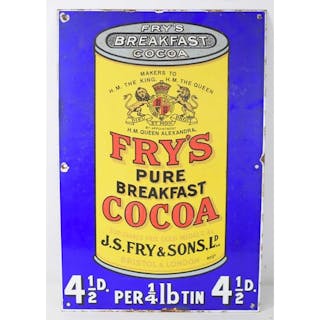 A vintage Fry's Breakfast Cocoa enamel sign, 53cm by 35cm.