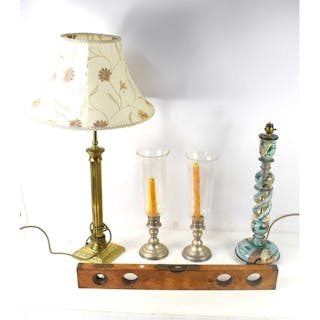 A brass column form lamp together with a painted lamp base d...