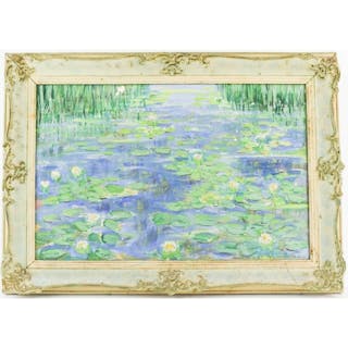 An oil on board in the manner of Monet, Waterlilies, unsigne...