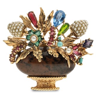 Giardinetti 14K Gold Vintage Flower Vase Brooch set with Multi Gemstone