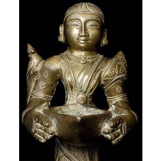18/19thC India Bronze Attendant Lamp-Beautiful Example, 8" Tall