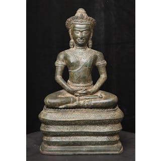 Large, Classic 12C Style but likely 19C Cambodia Bronze Naga Buddha-Finely