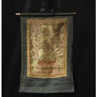 19thC Tibetan or Mongolian Silk Thangka, 19" x 12.5"