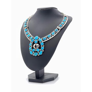 LARRY SANDOVAL NAVAJO SILVER TURQUOISE PANEL NECKLACE
