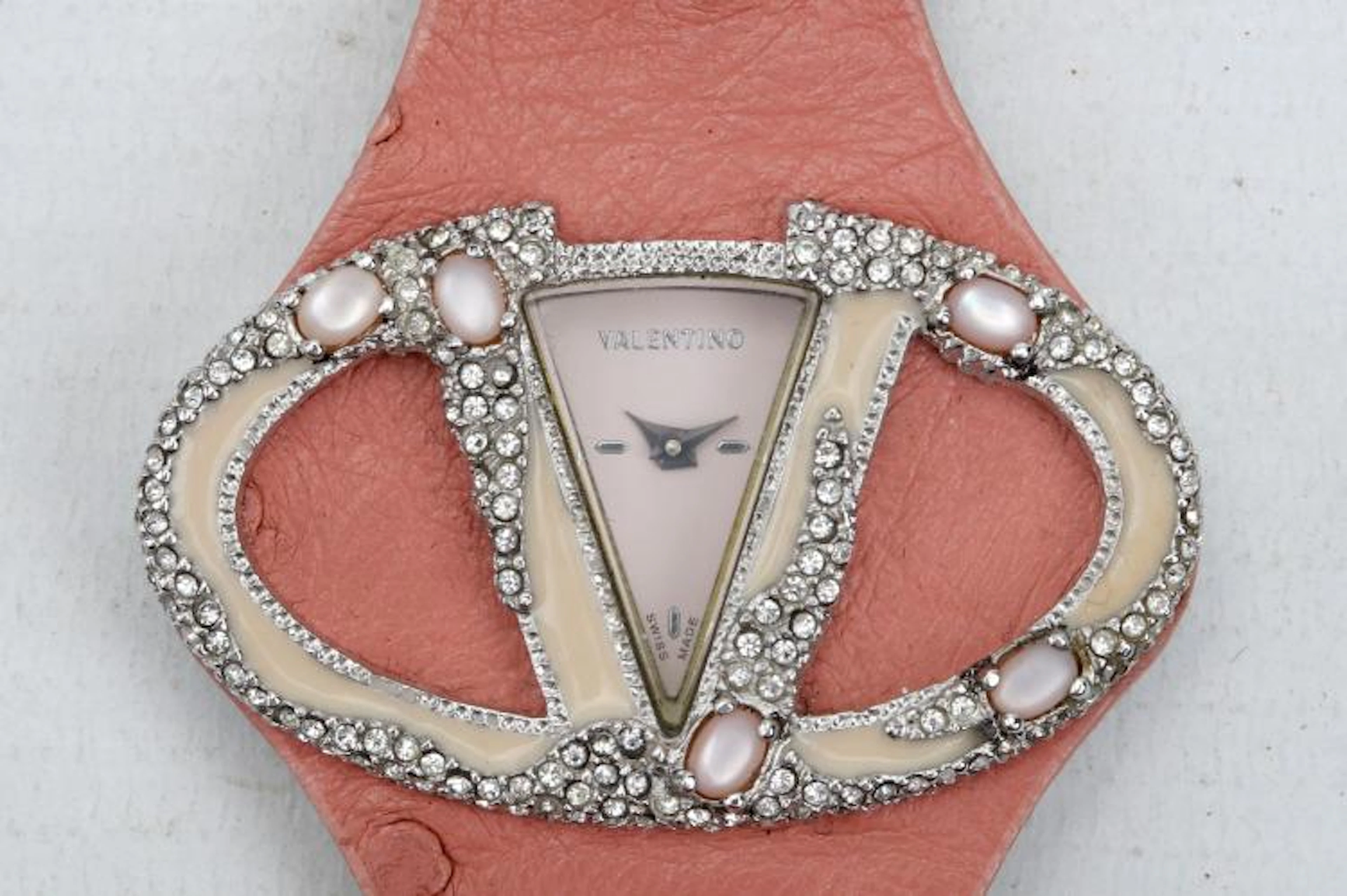 VALENTINO PINK OSTRICH SKIN WATCH, enamel and diamante face, boxed