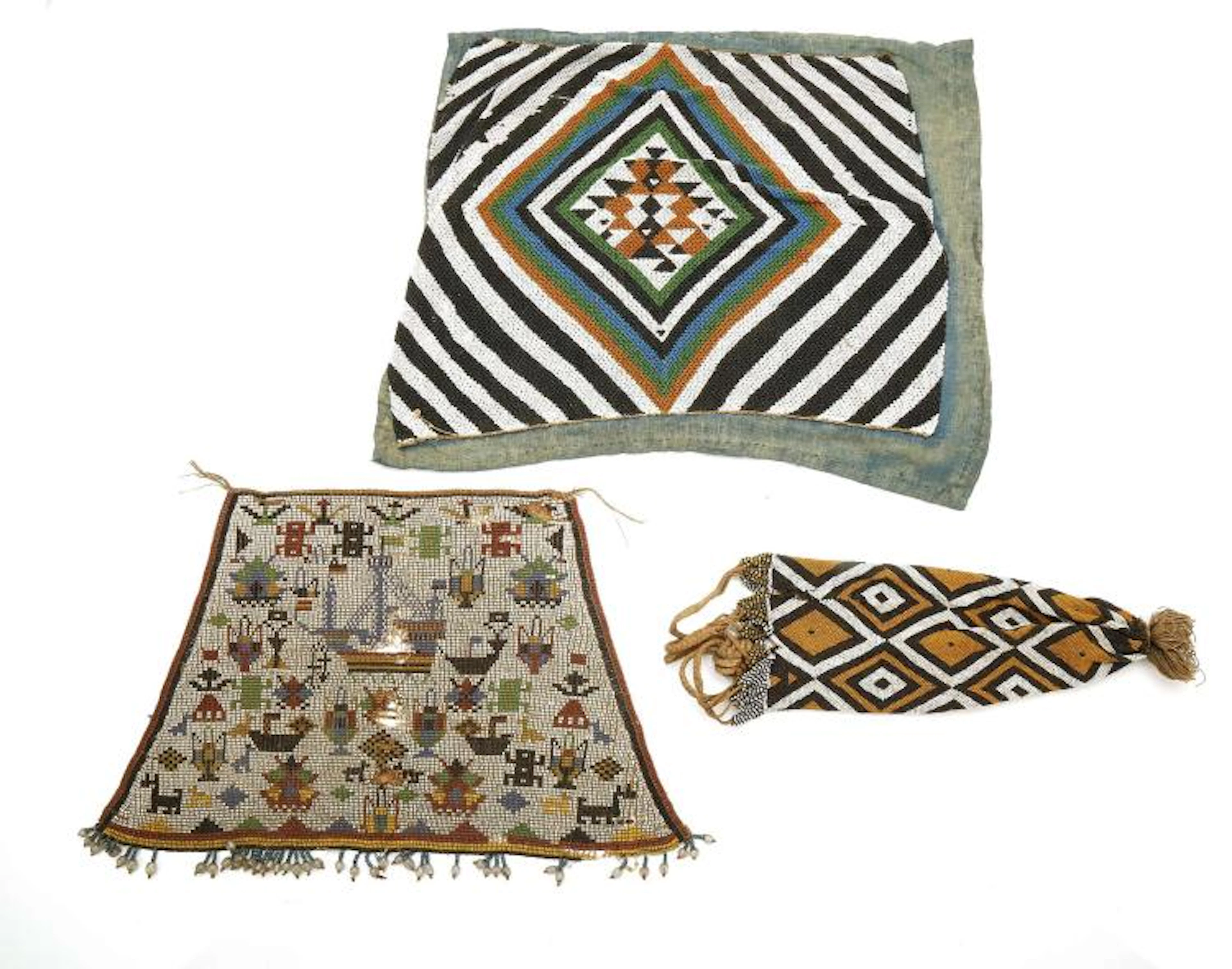 THREE SOUTH AMERICAN BEADED ITEMS One of trapezoid beaded panel