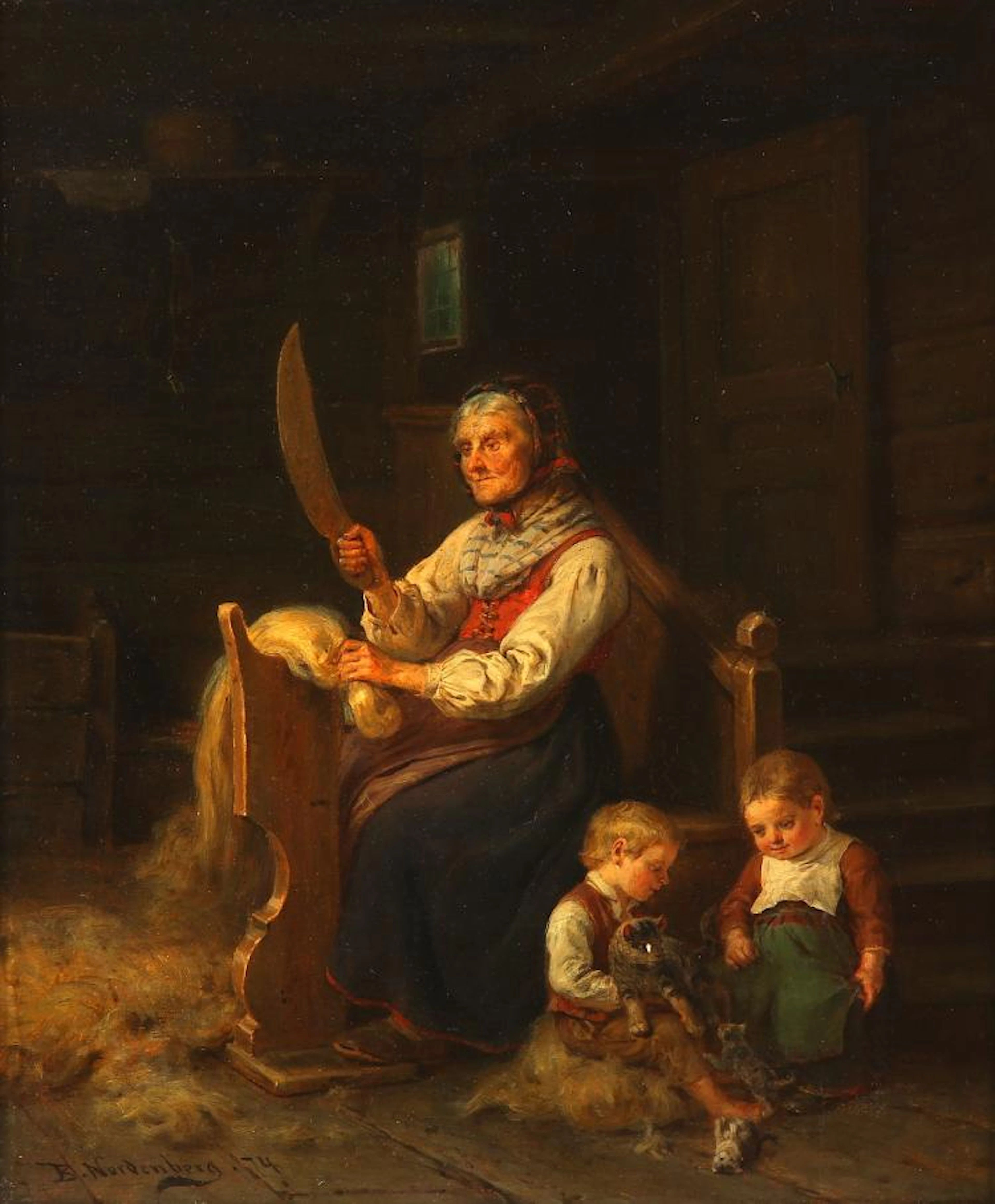 BENGT NORDENBERG (SWEDISH 1822 - 1902)   The wool cutter, interior