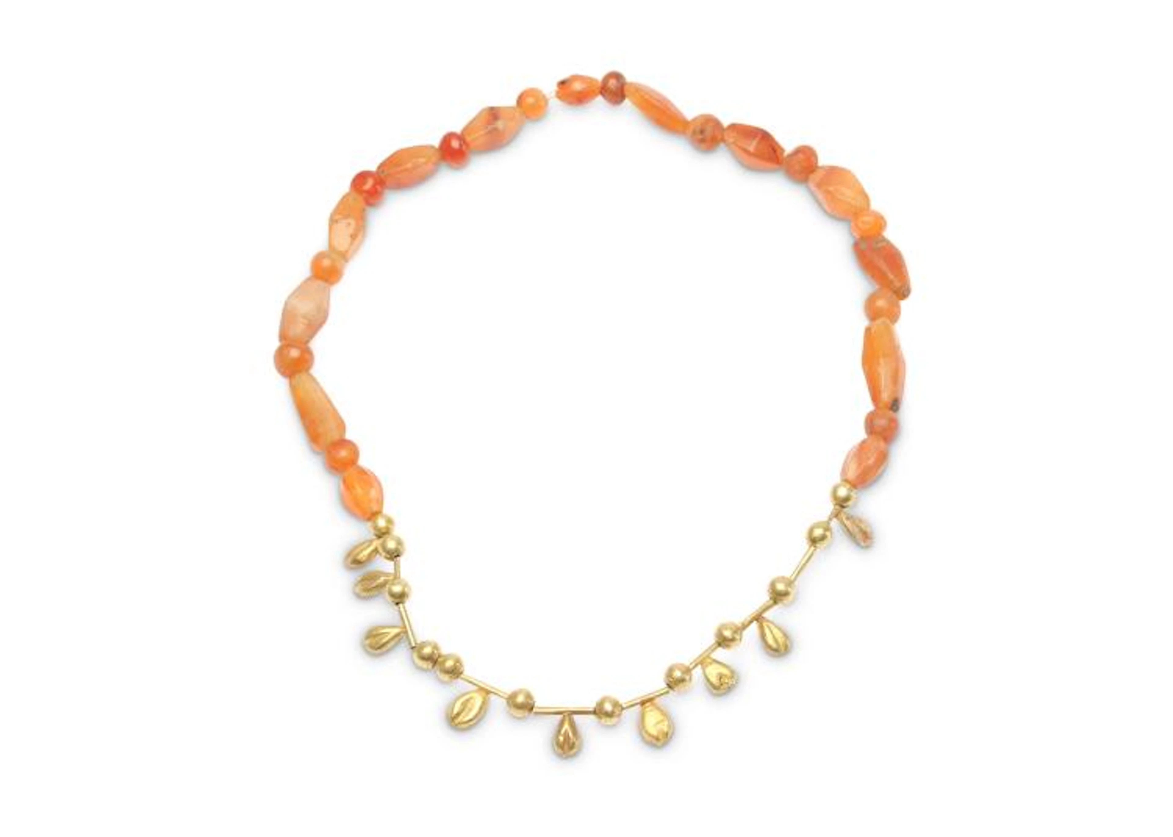 A CARNELIAN AND GOLD NECKLACE Restrung