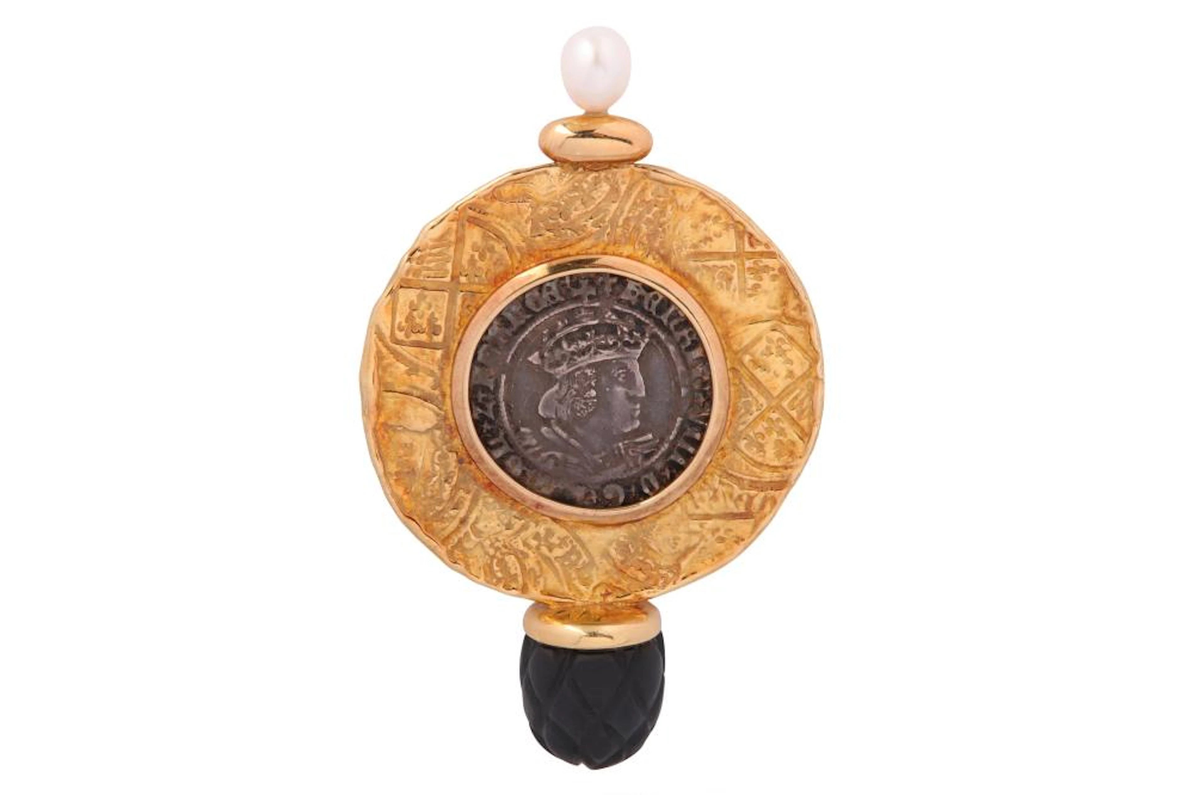 A Tudor coin and cultured pearl brooch, by Elizabe