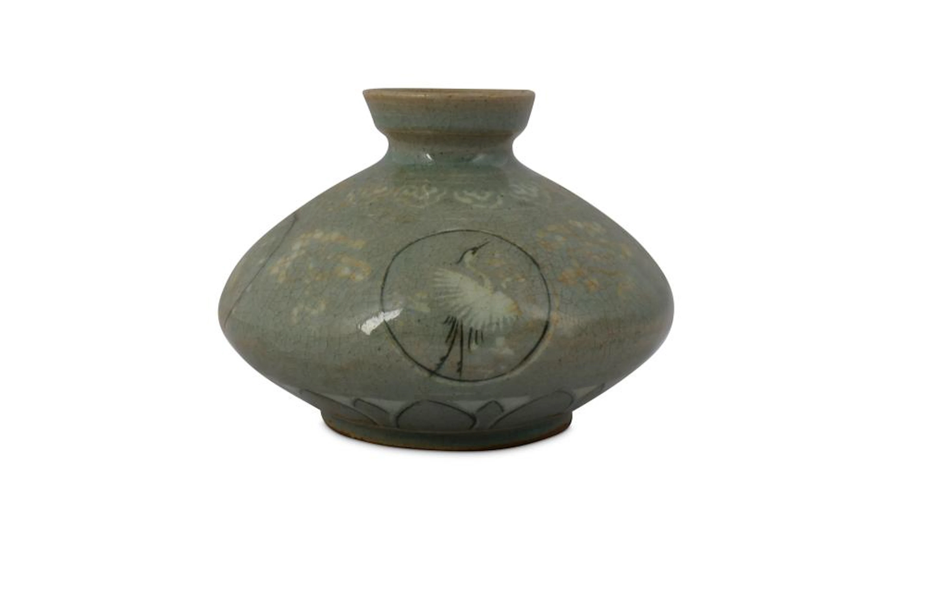 A KOREAN SANGGAM SLIP-INLAID CELADON 'CRANES' OIL JAR.