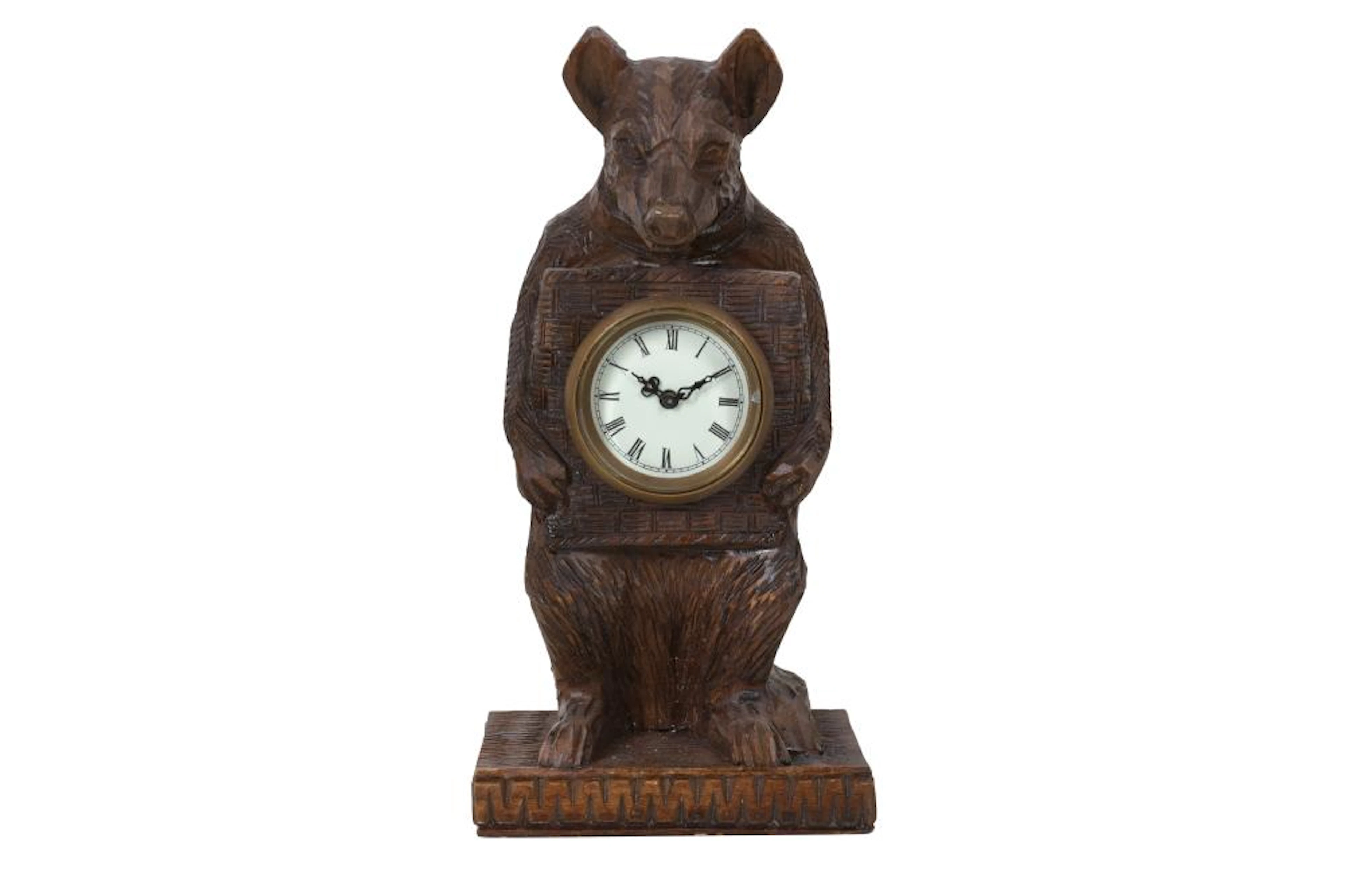 A BLACK FOREST STYLE CARVED WOODEN MANTLE CLOCK