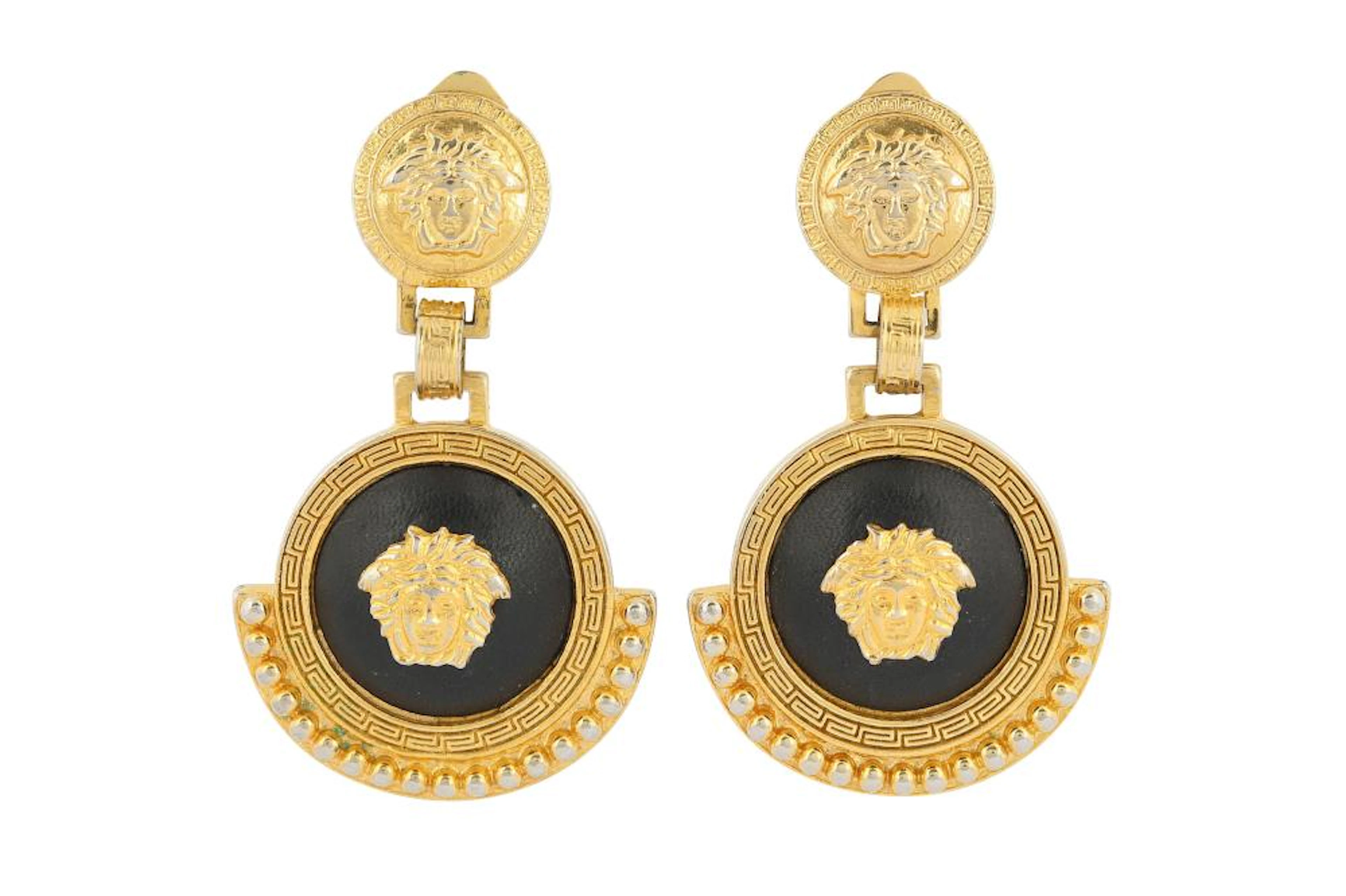 Gianni Versace Clip On Black Medusa Drop Earrings