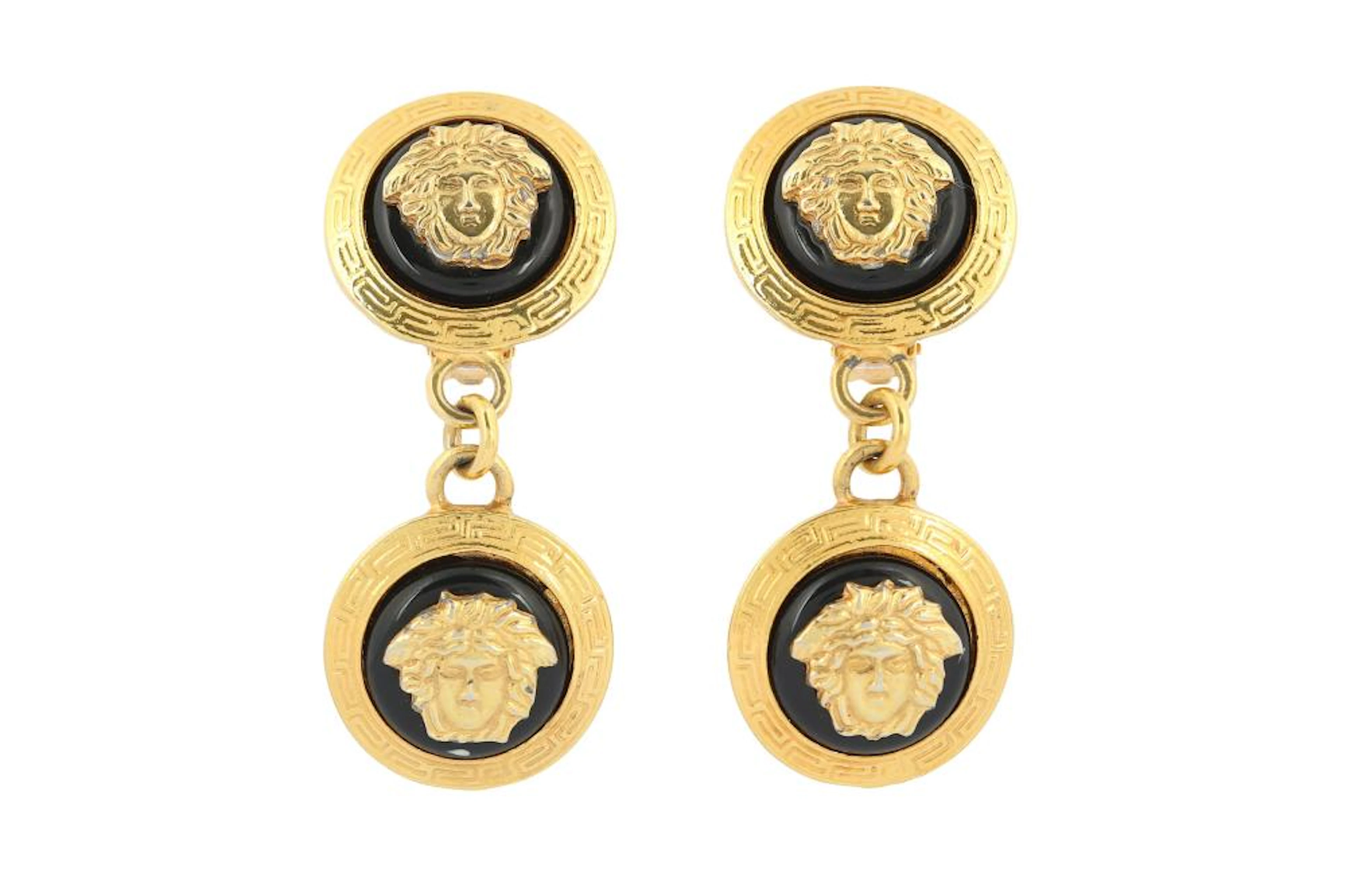 Gianni Versace Clip On Black Medusa Double Circle Drop Earrings