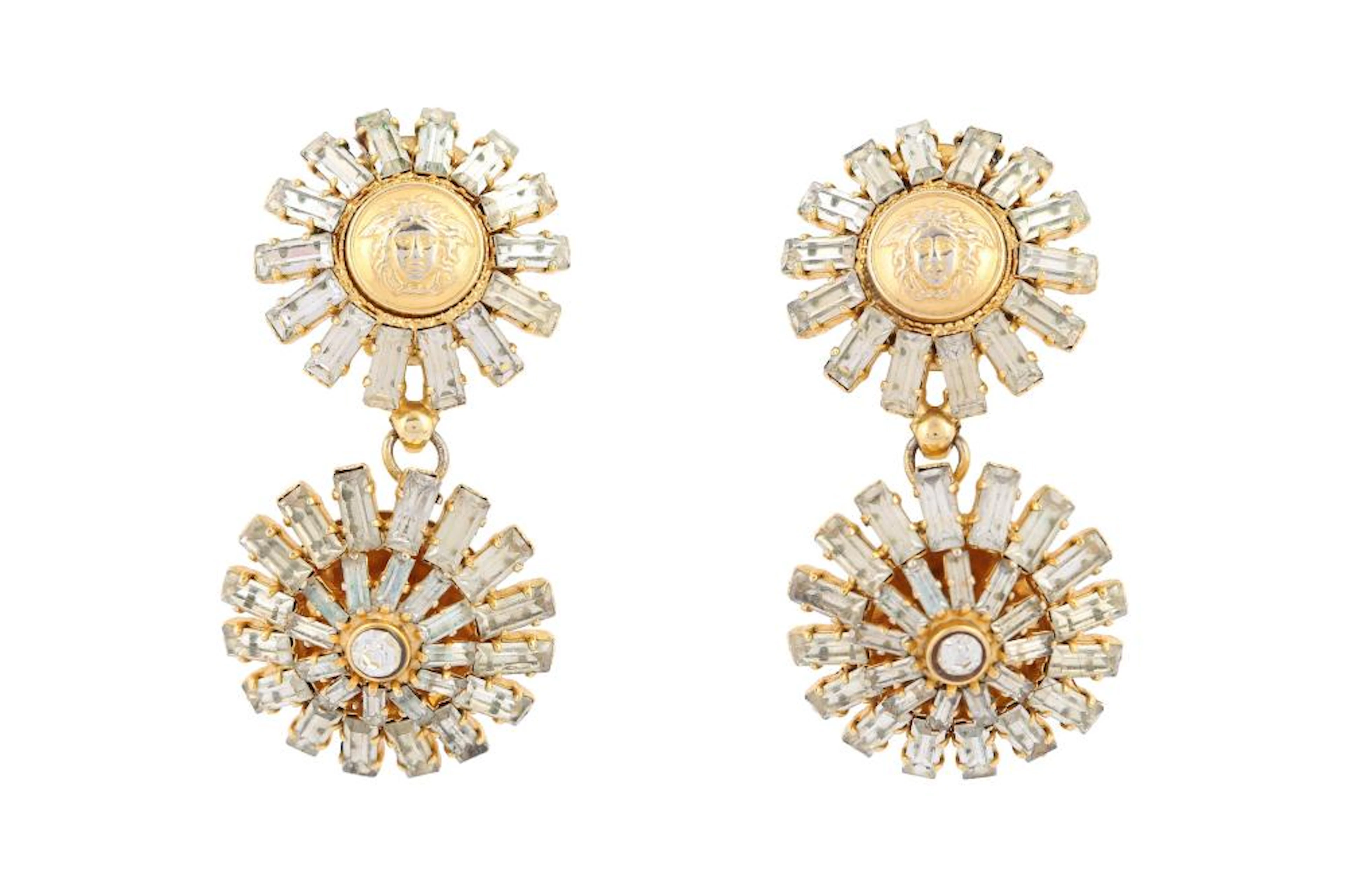 Gianni Versace Clip On Medusa Rhinestone Drop Earrings