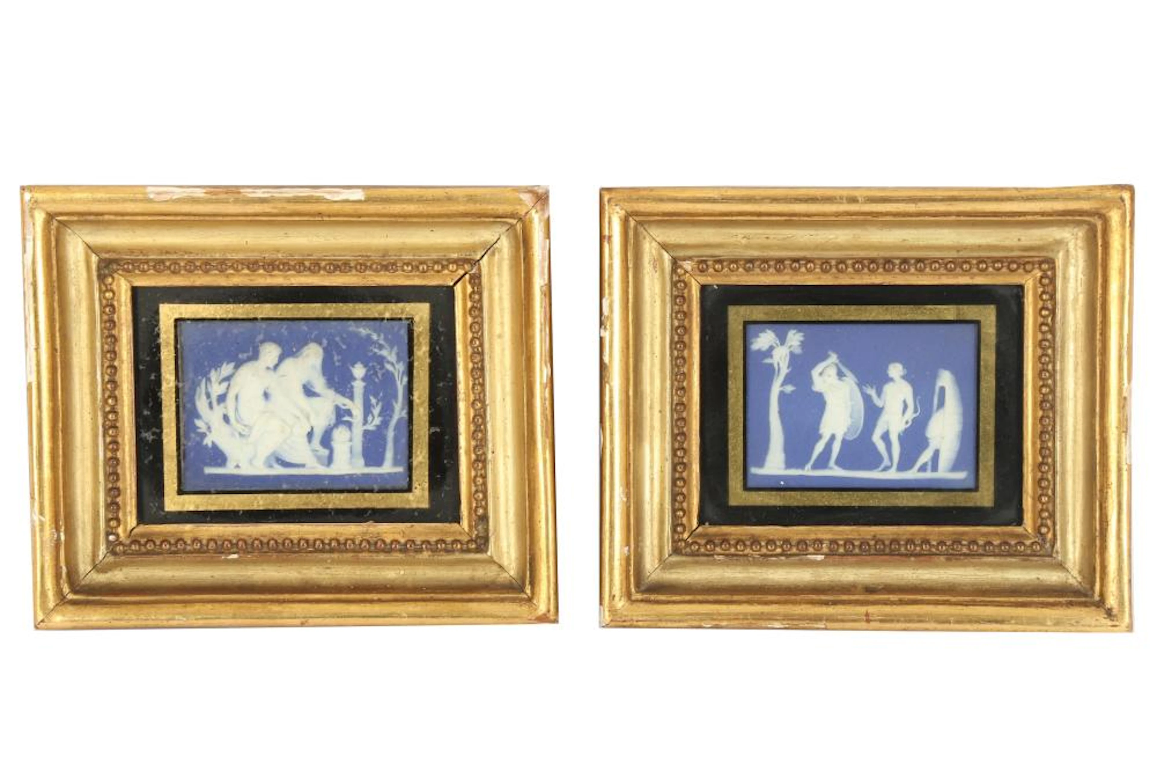 A pair of Jasperware blue and white rectangular plaques, in the Wedgwood style