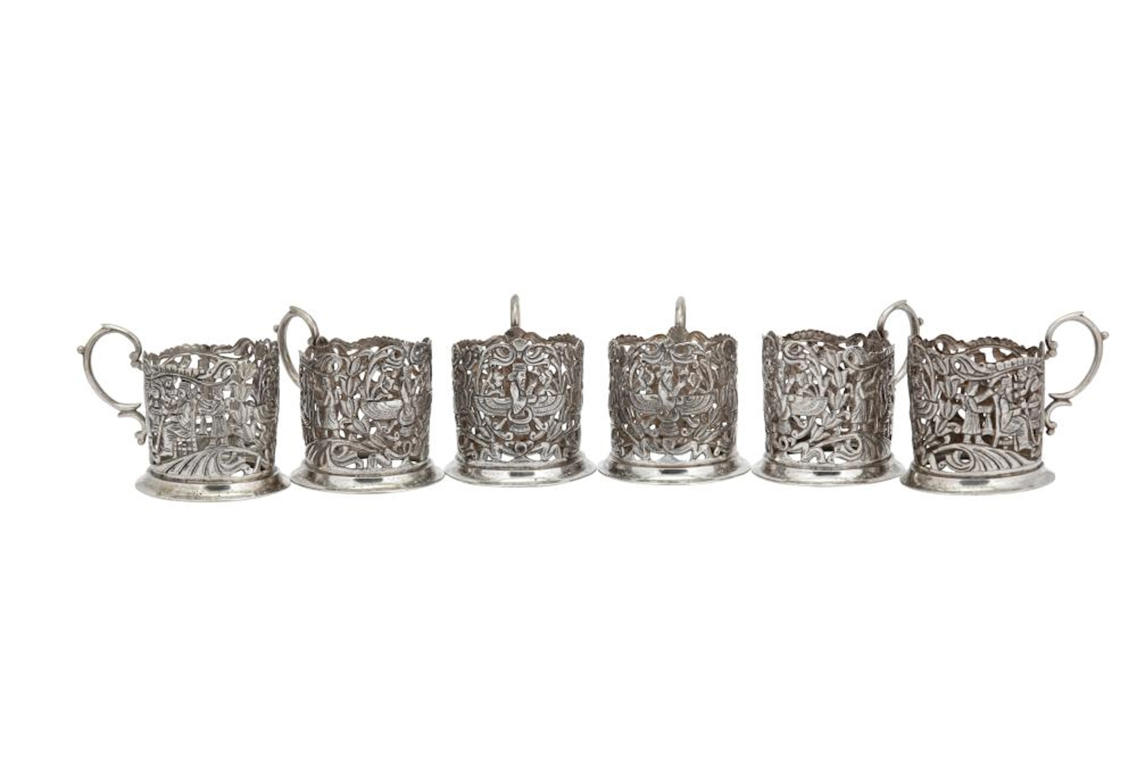 A set of six early 20th century Iranian (Persian) silver tea glass holders