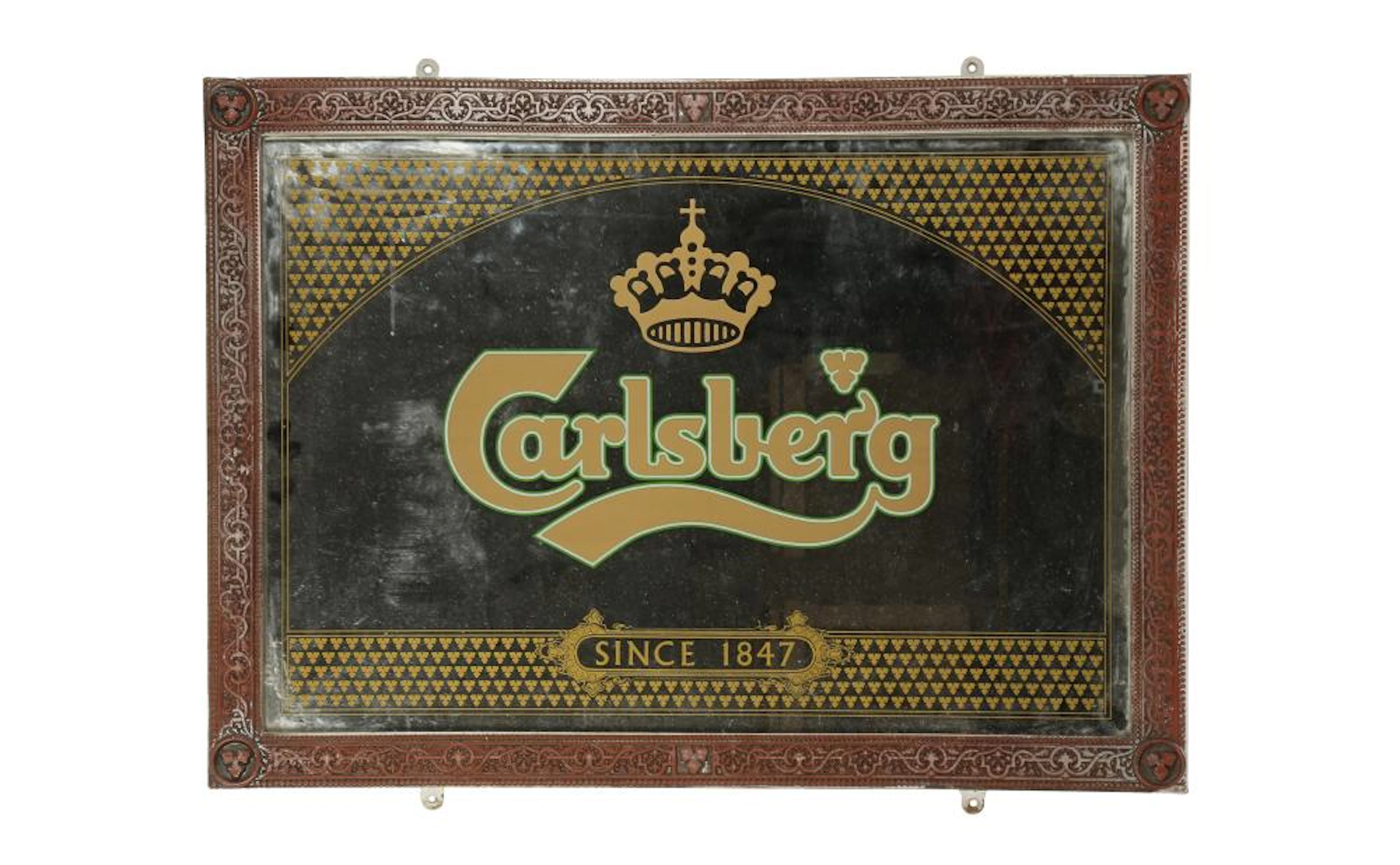 A MIRRORED GLASS CARLSBERG SIGN TOGETHER WITH ANOTHER FOR REAL ALE
