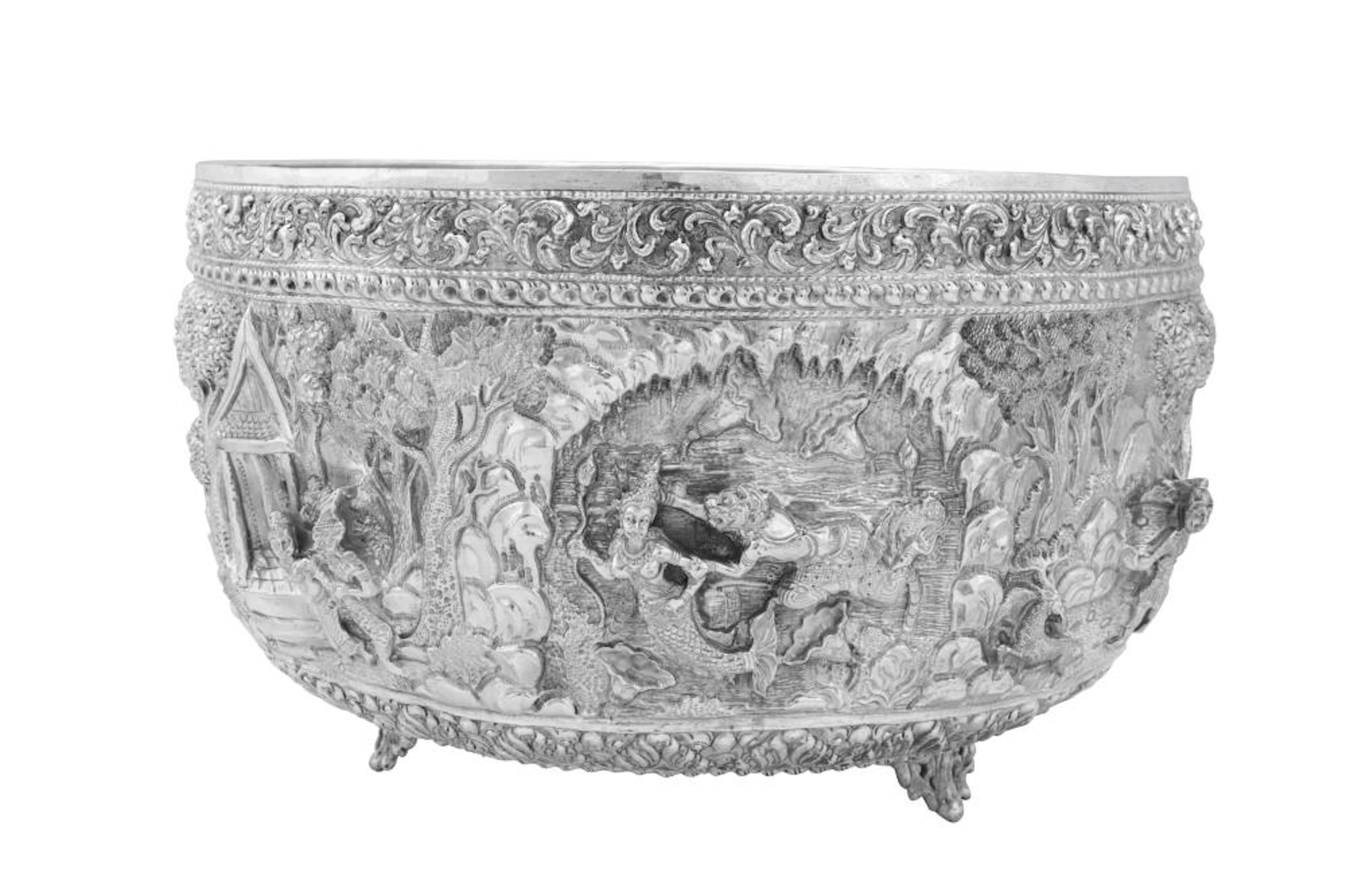 A monumental mid-20th century Thai silver bowl or wine cooler