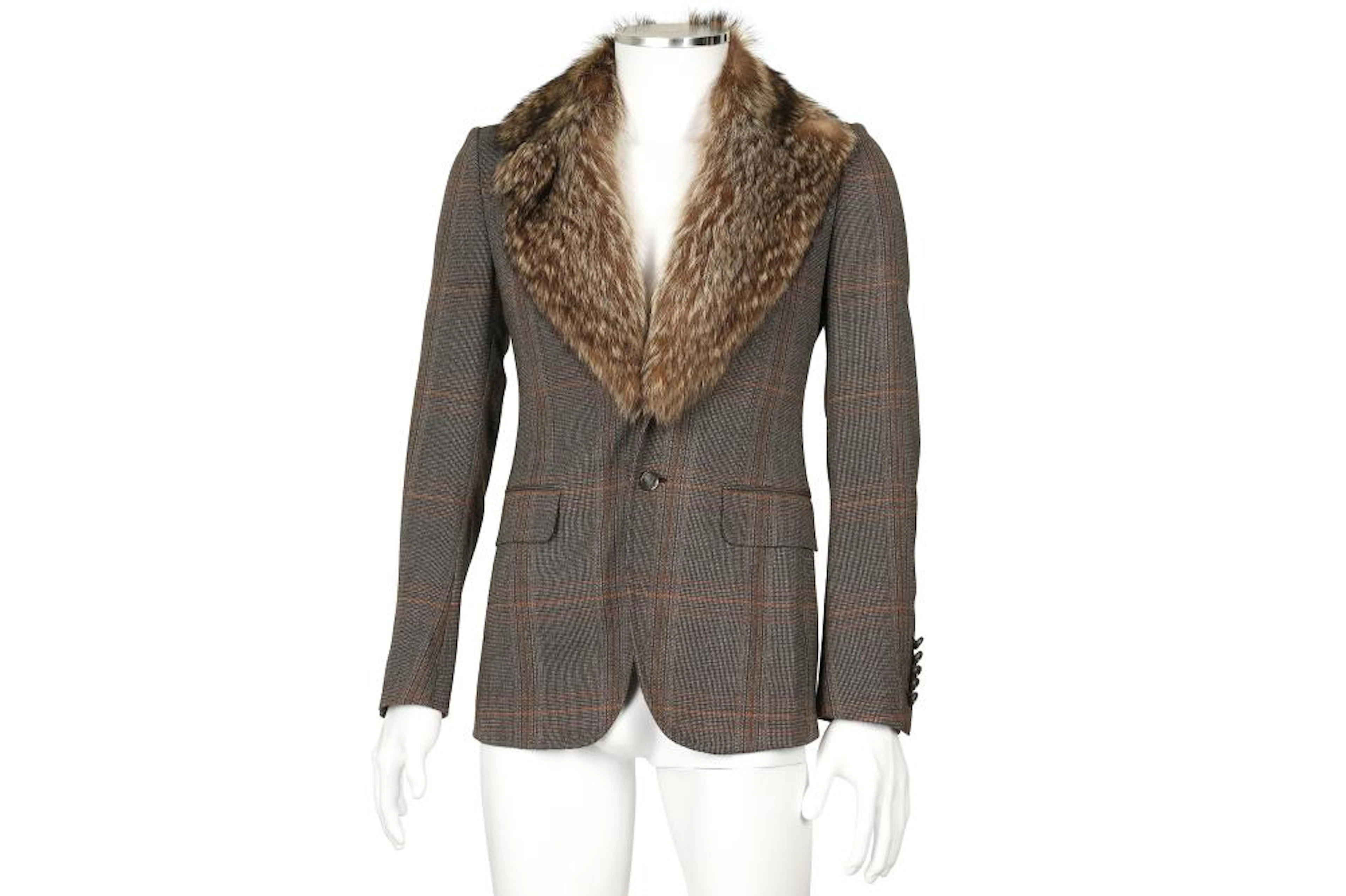 Gucci Brown Tweed Fur Collar Blazer - Size 44