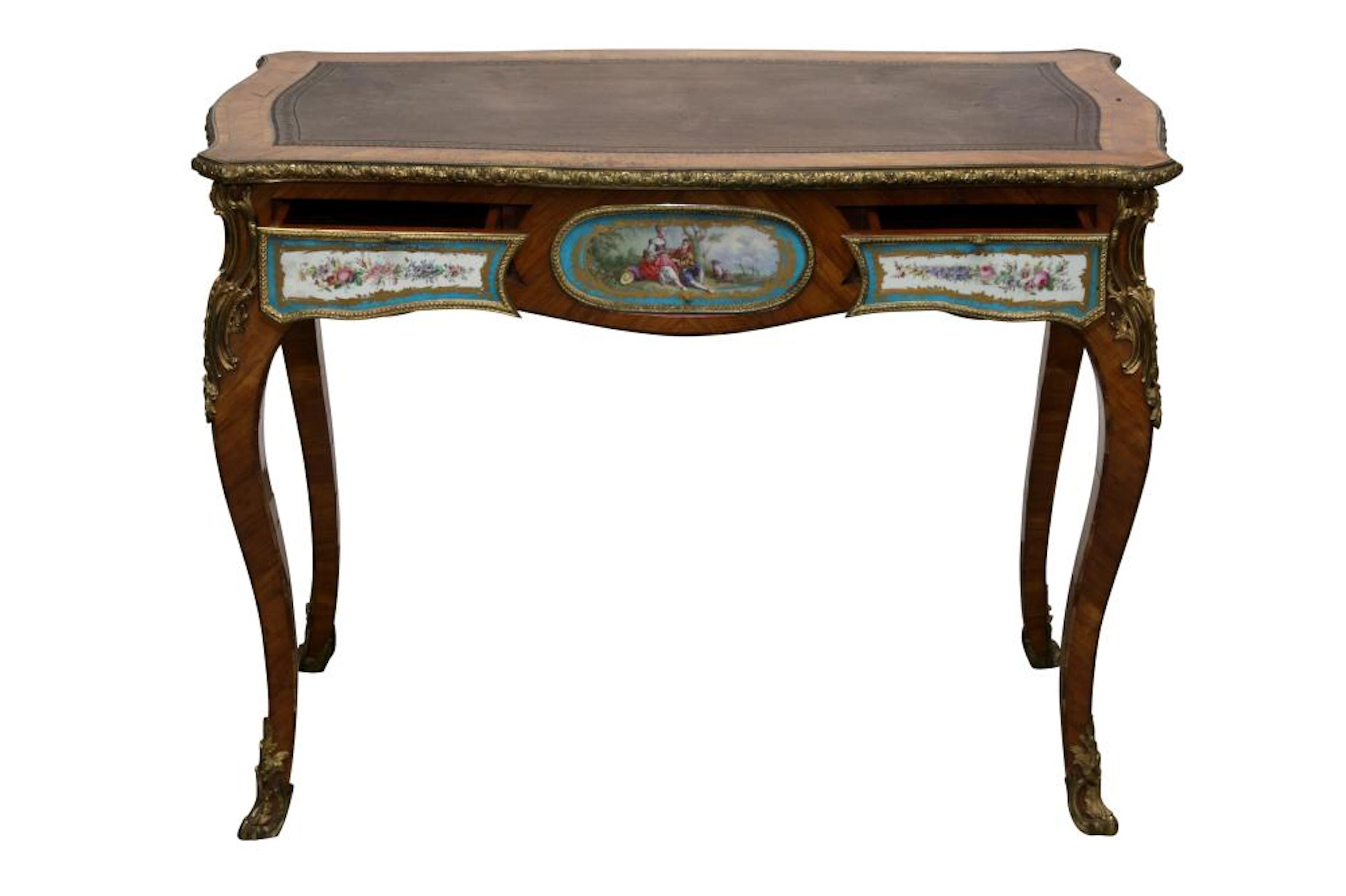 A FRENCH LOUIS XV STYLE KINGWOOD AND ORMOLU MOUNTED BUREAU PLAT