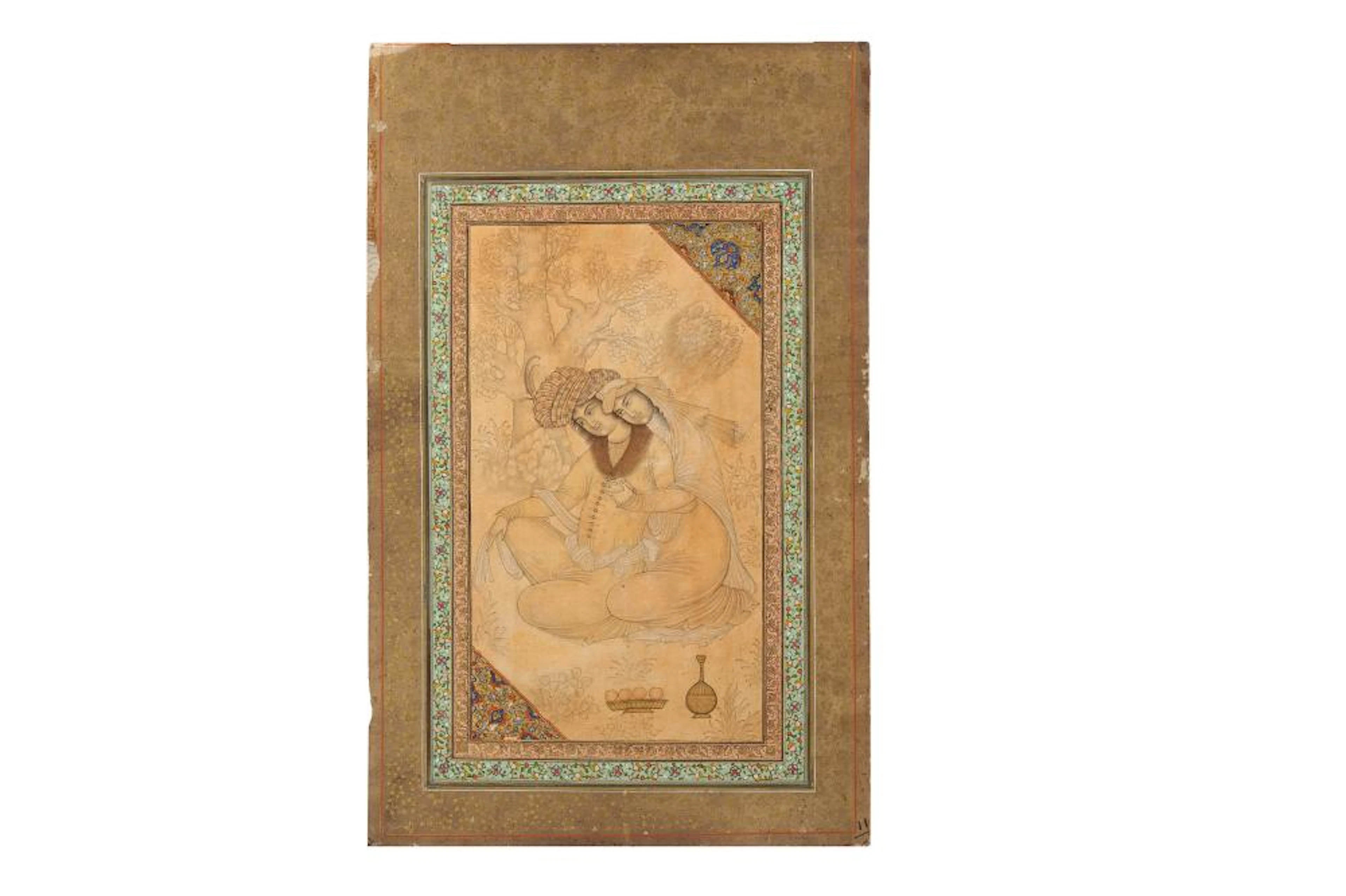 AN ARCHAISTIC SAFAVID-REVIVAL TINTED DRAWING OF TWO LOVERS Iran, 19th century