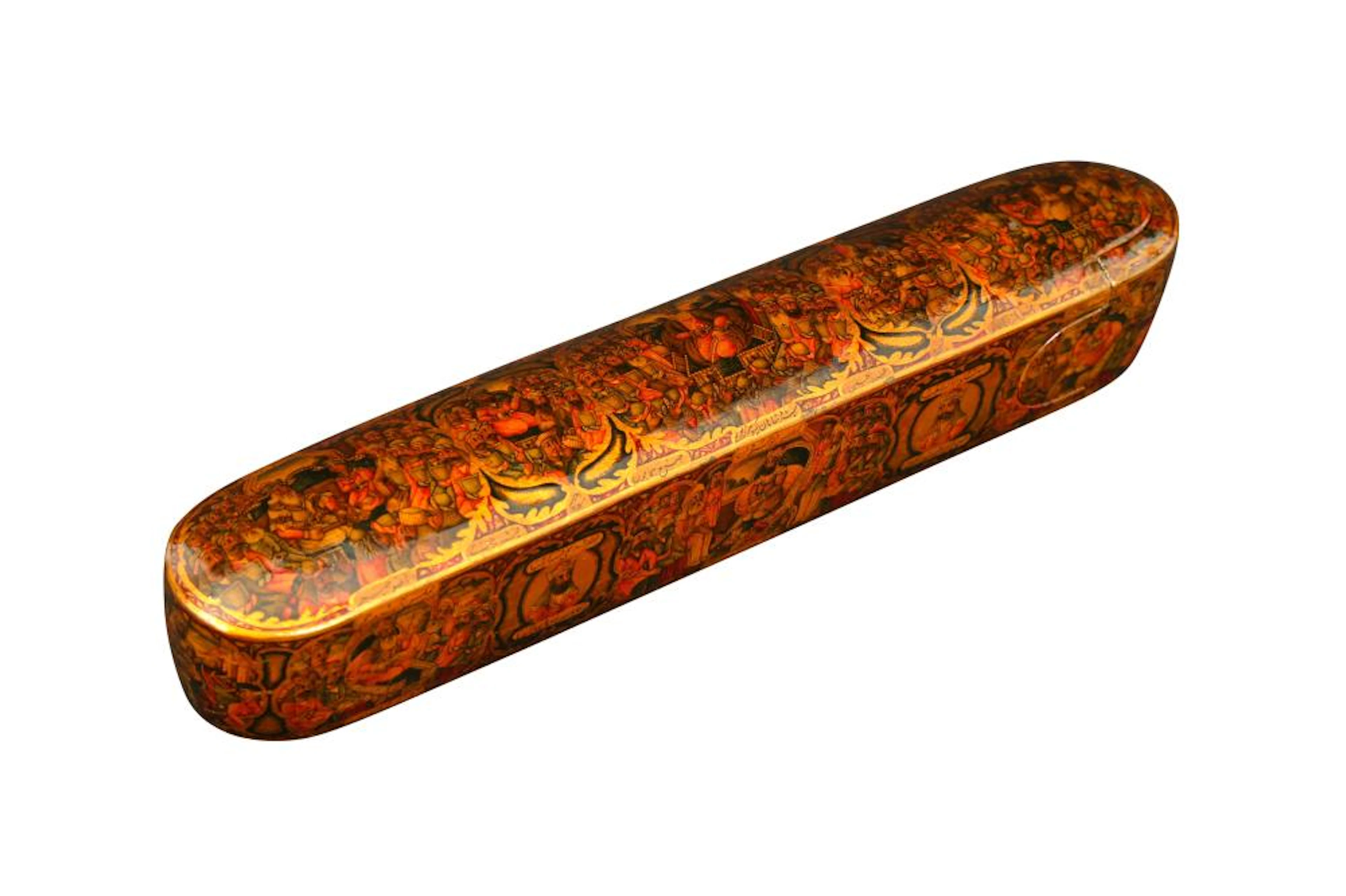 A LACQUERED PAPIER-MÂCHÉ PEN CASE (QALAMDAN) WITH THE KINGS OF IRA