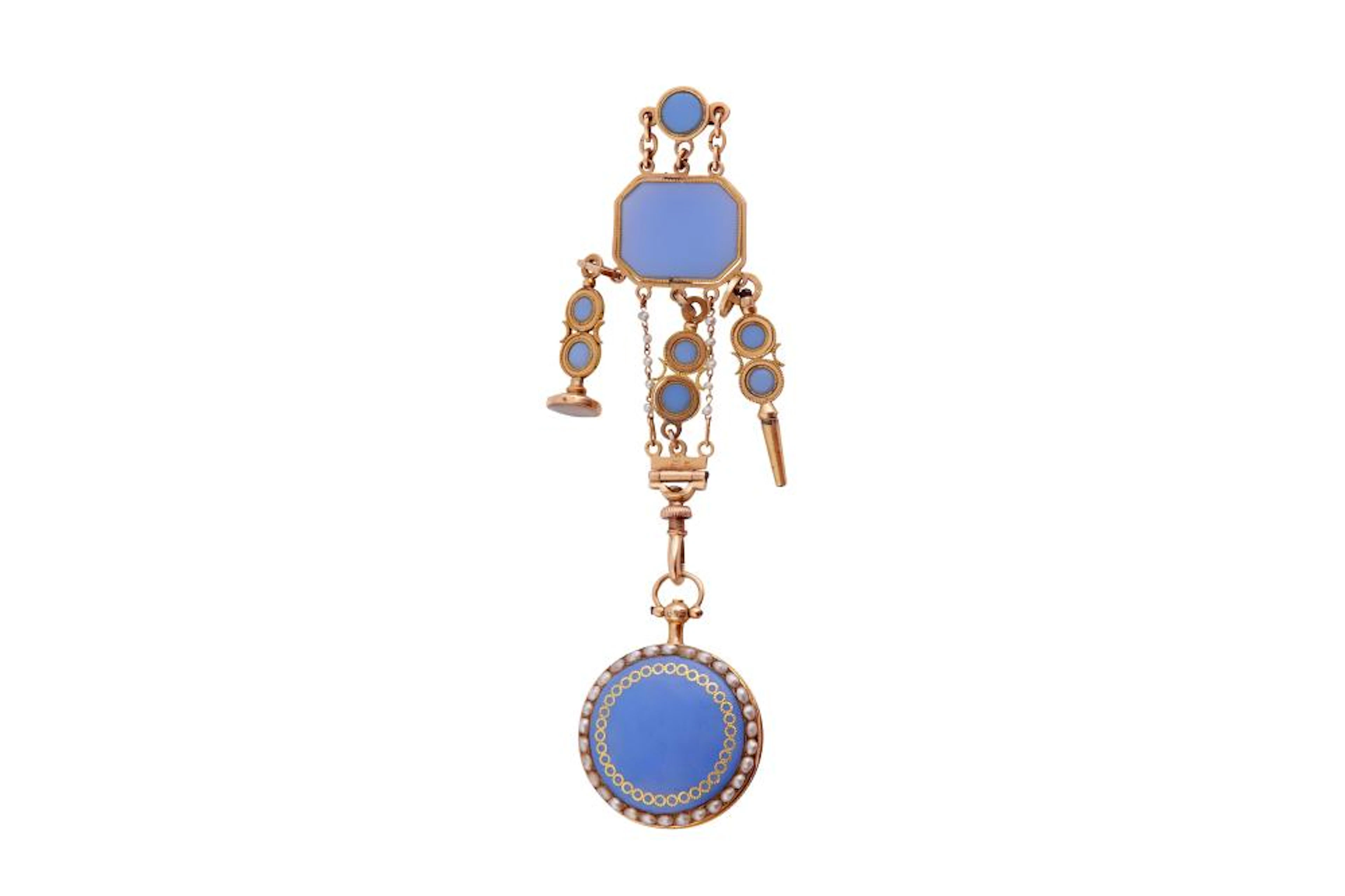 CHATELAINE VERGE POCKET WATCH. GOLD METAL, BLUE OPALINE GLASS AND PEARLS.