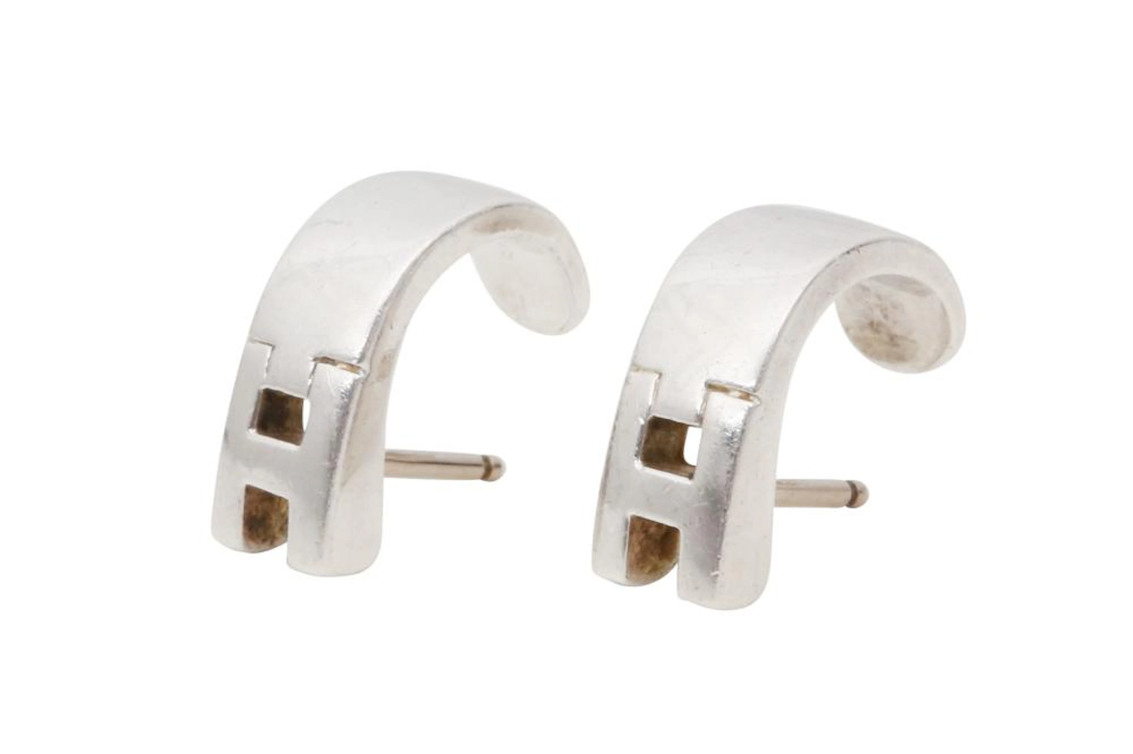 Hermes Silver H Logo Half Cuff Pierced Earrings