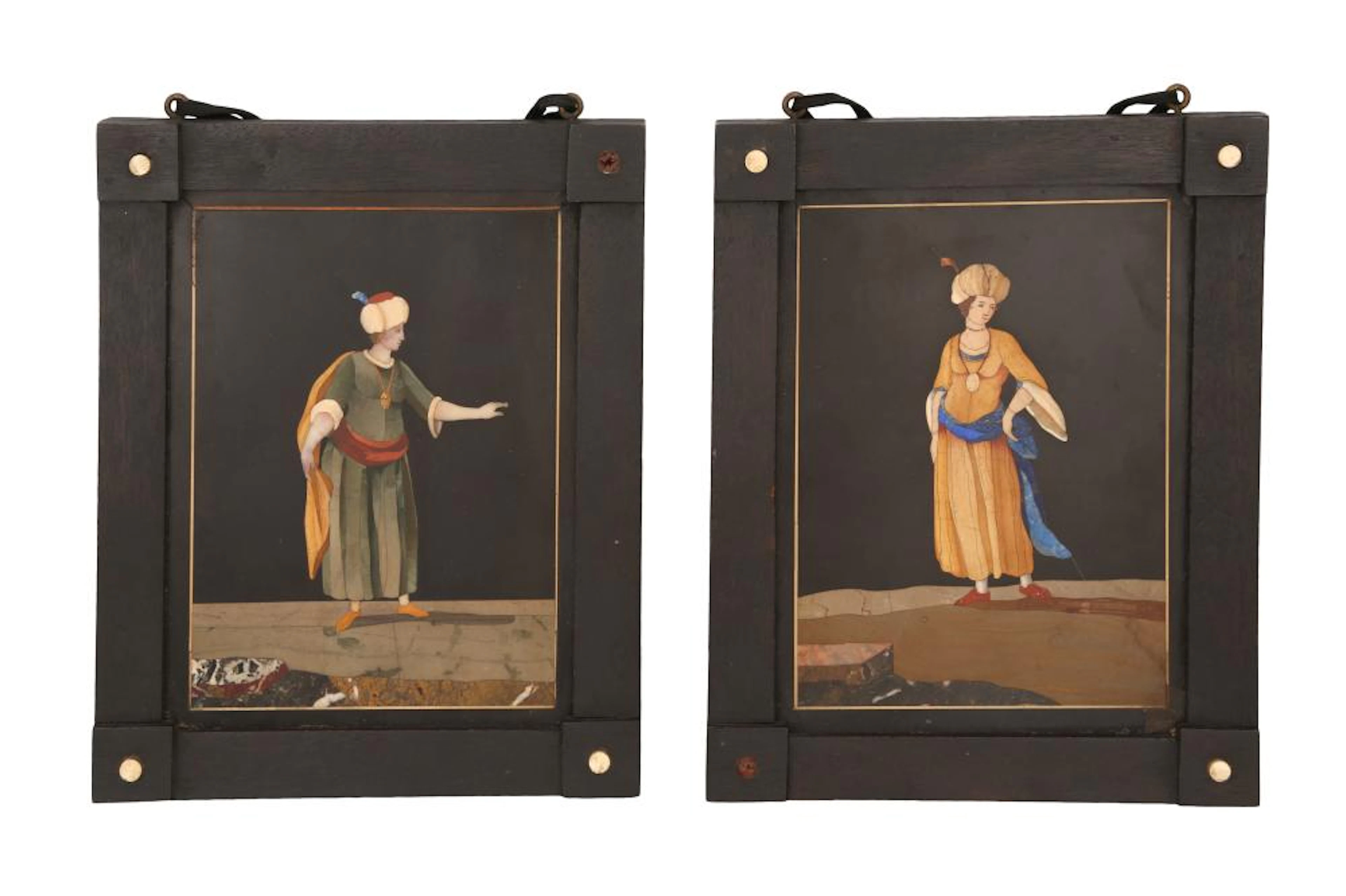 TWO FLORENTINE PIETRA DURA PANELS WITH A TURKISH...