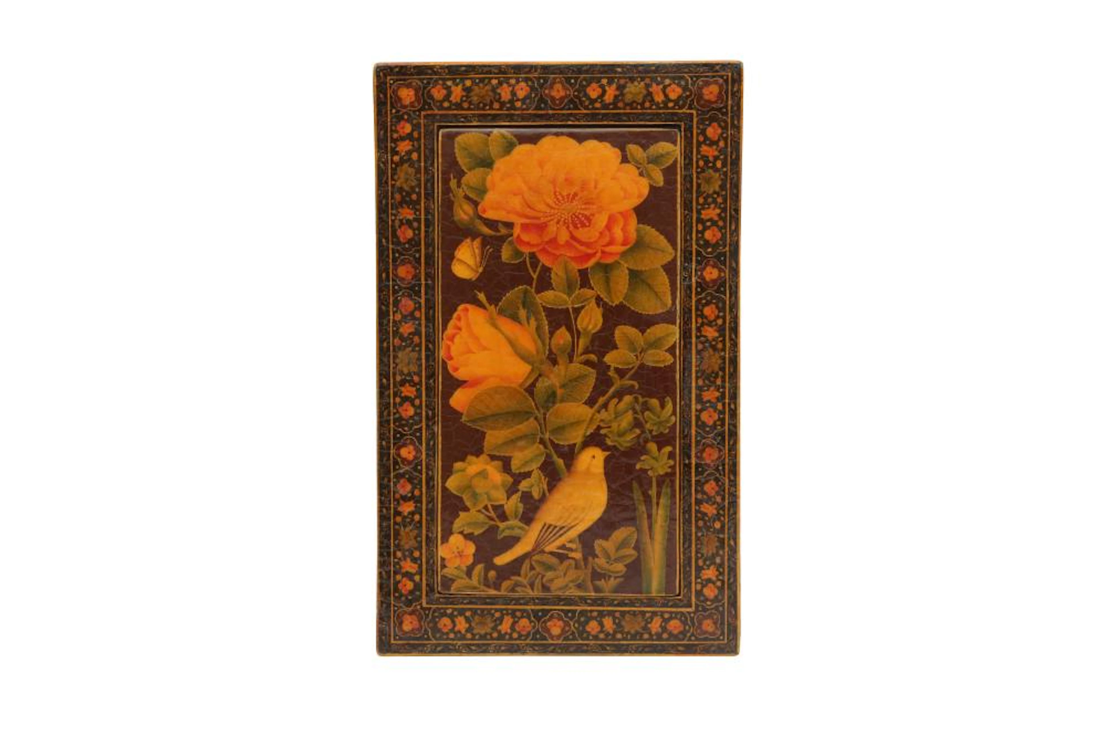 A LACQUERED PAPIER-MÂCHÉ MIRROR CASE WITH FLORAL MOTIFS