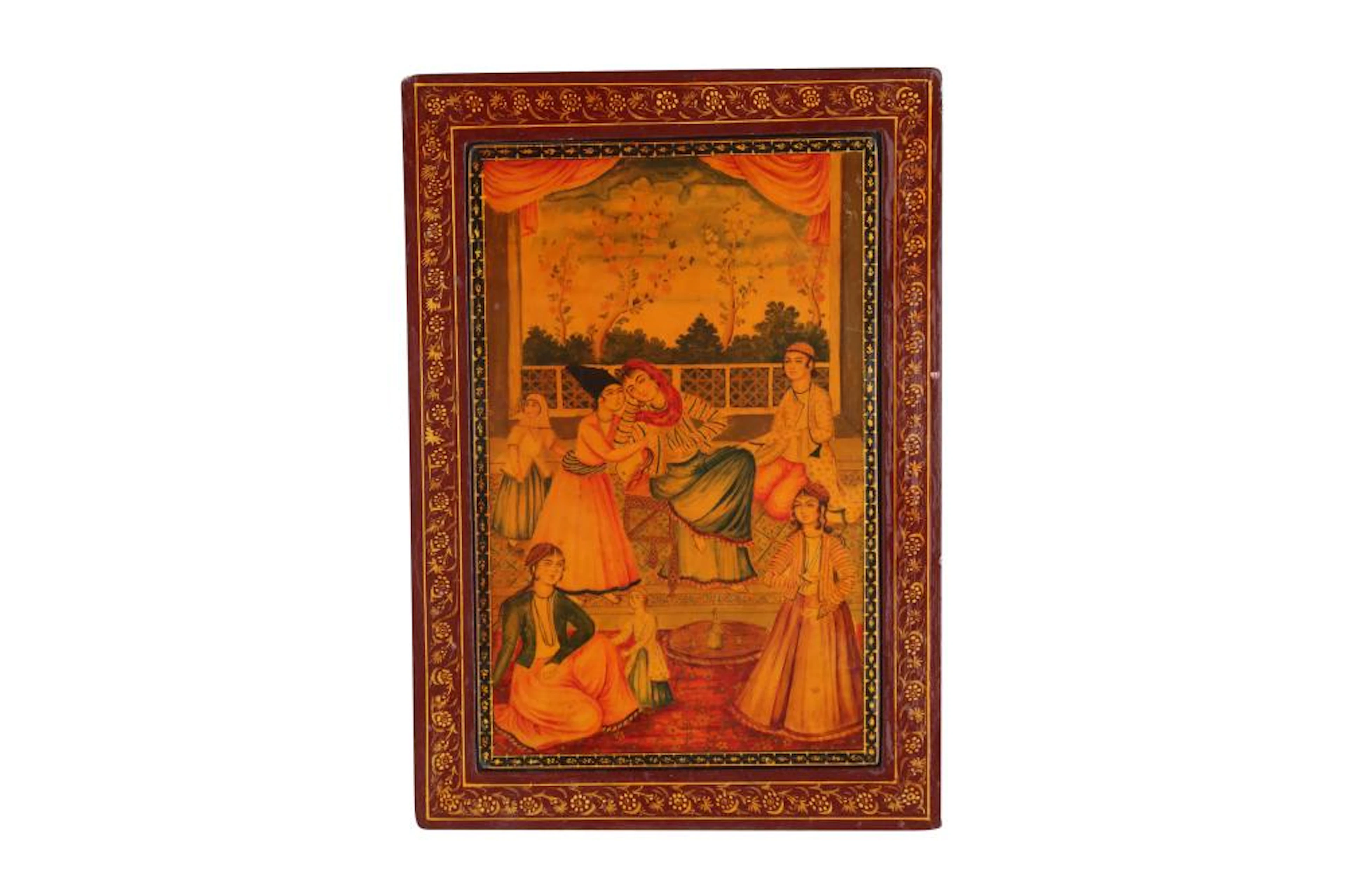 A LACQUERED PAPIER-MÂCHÉ MIRROR CASE WITH FIGURAL MOTIFS