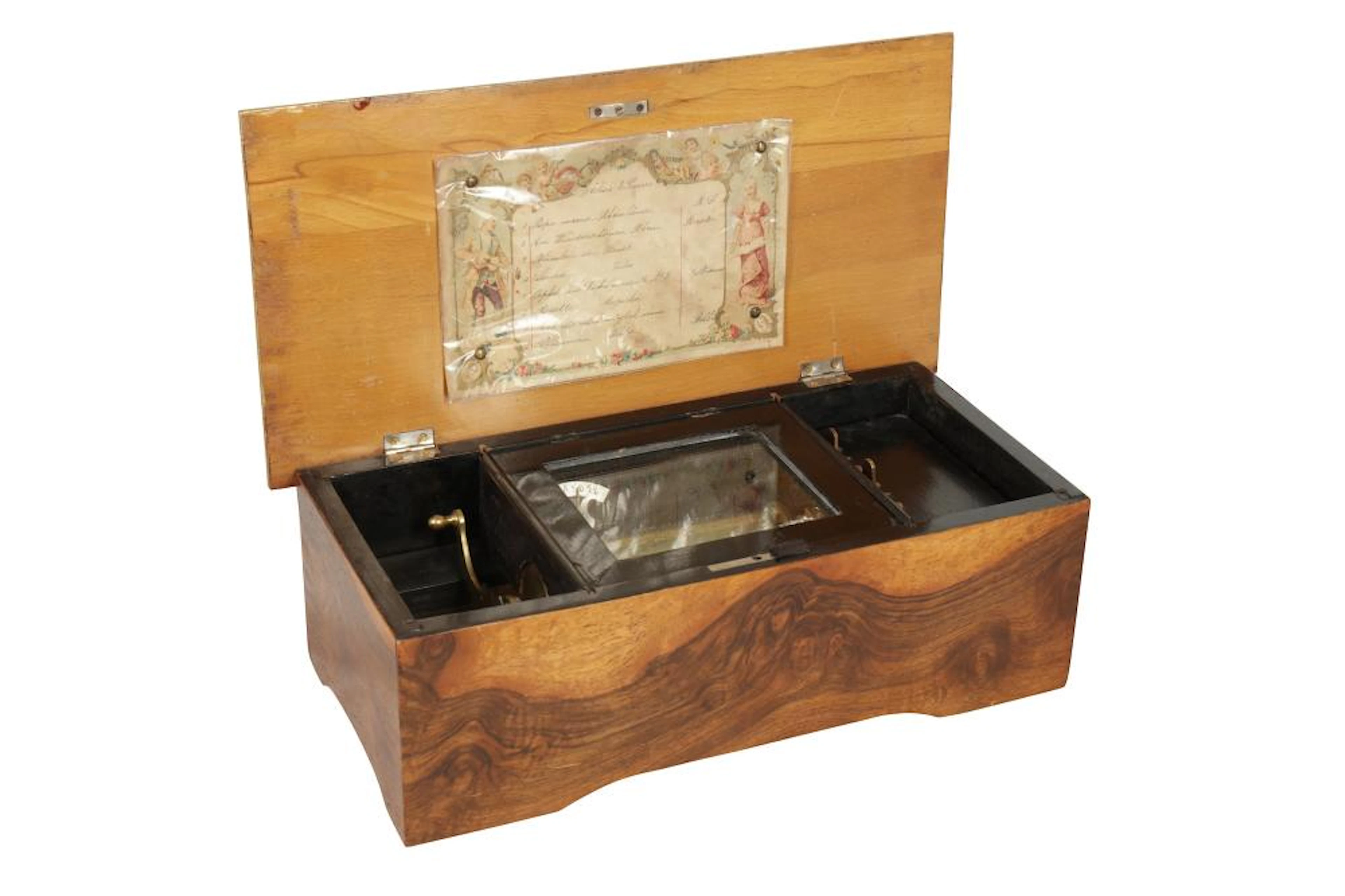 A SWISS FIGURED WALNUT MUSIC BOX, MID 19TH CENTURY