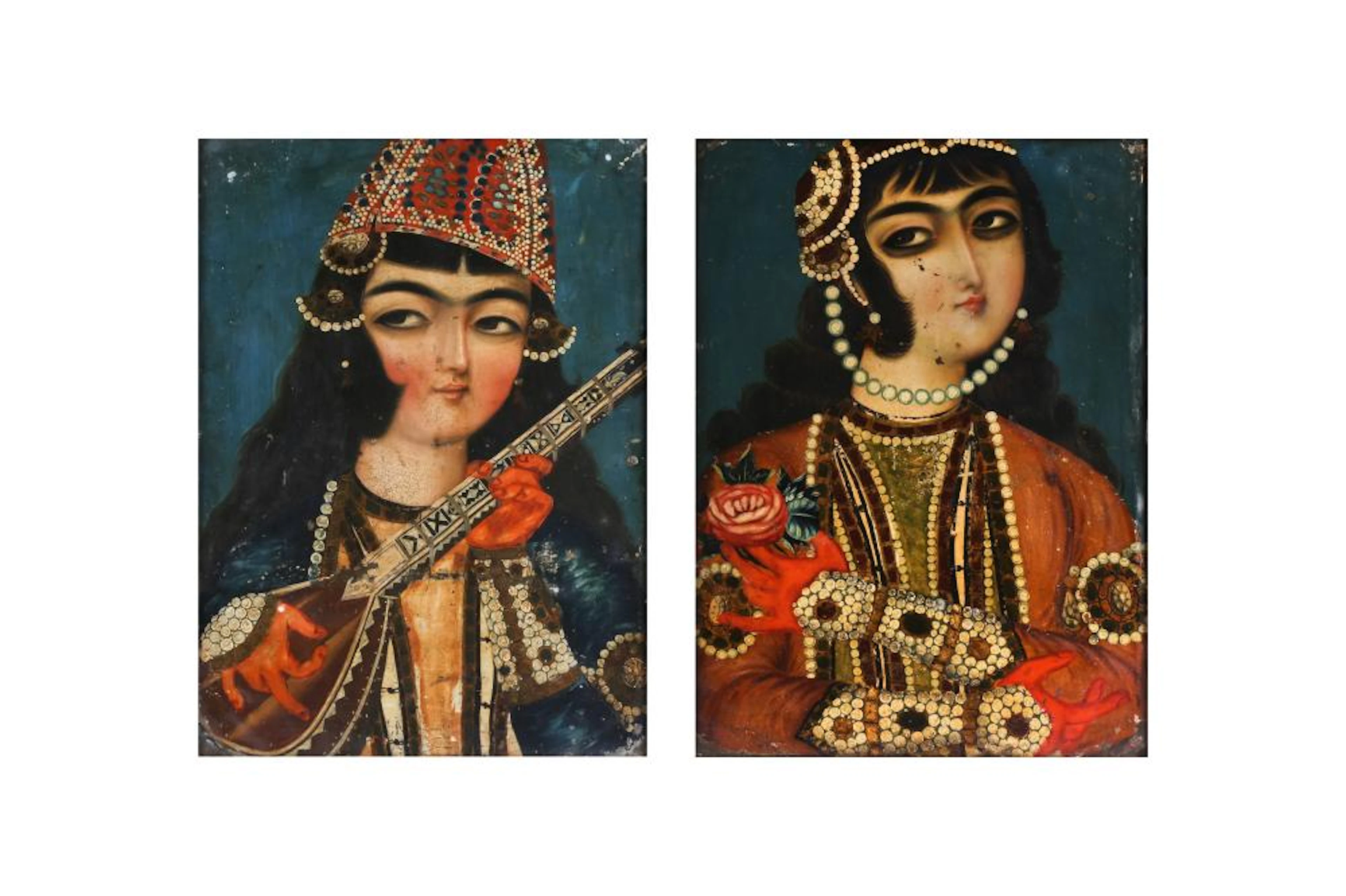 A FEMALE QAJAR BEAUTY AND A COURTLY MUSICIAN Qajar Iran, first half 19th century