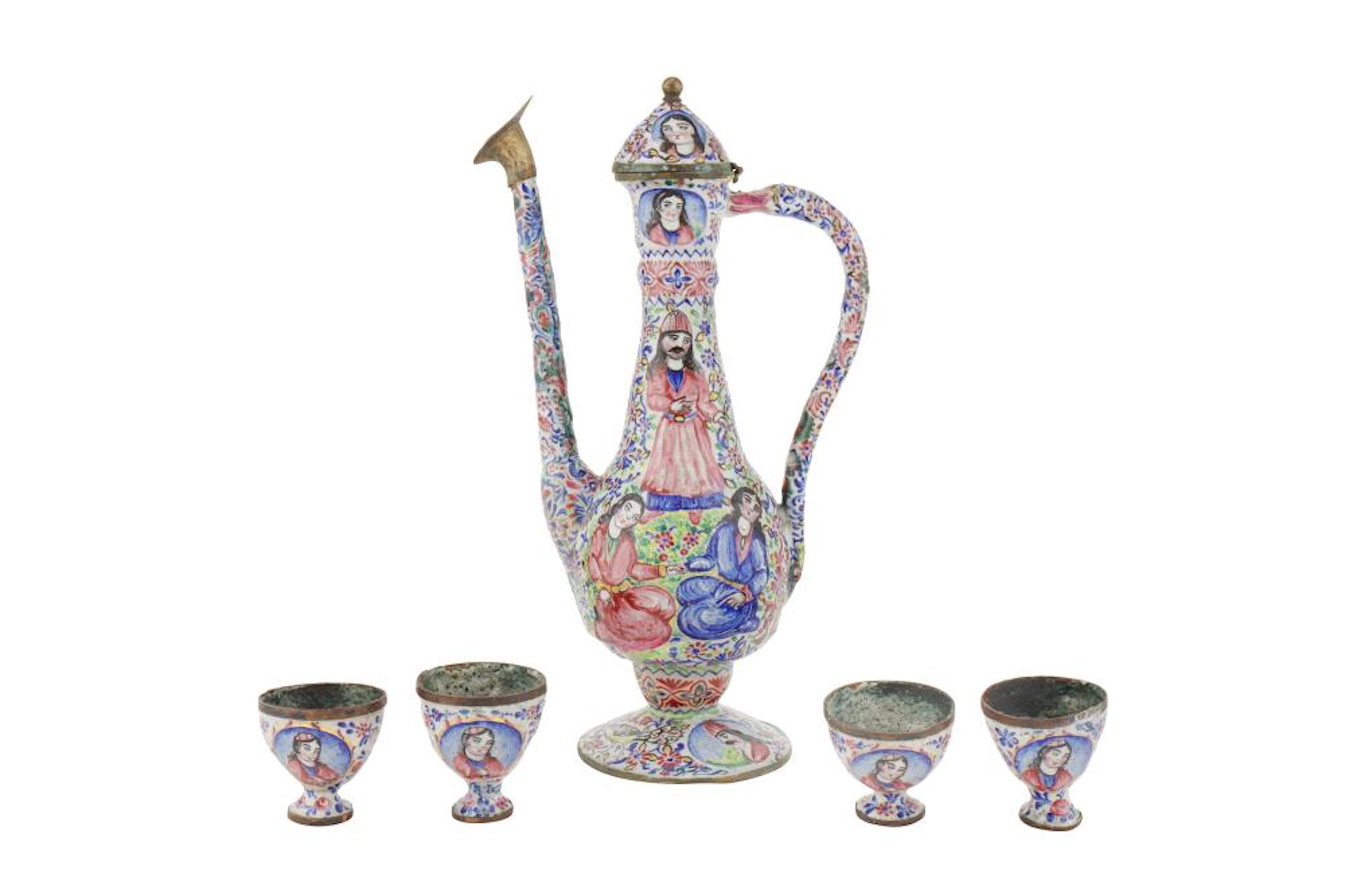 A QAJAR POLYCHROME-PAINTED ENAMELLED COPPER EWER WITH FOUR ZARF CUPS Qajar Iran