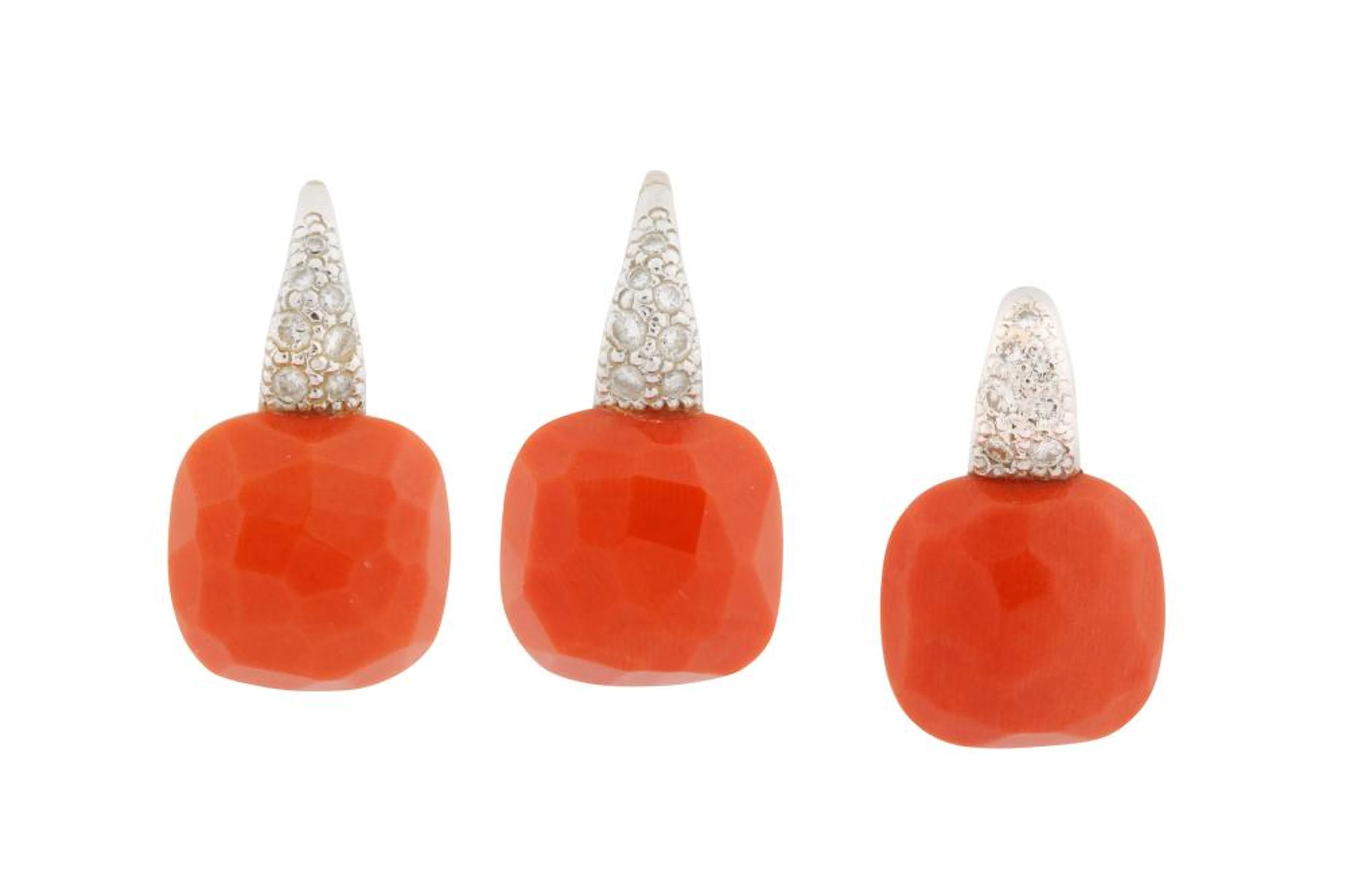 A CORAL AND DIAMOND PENDANT AND EARRING SUITE BY POMELLATO