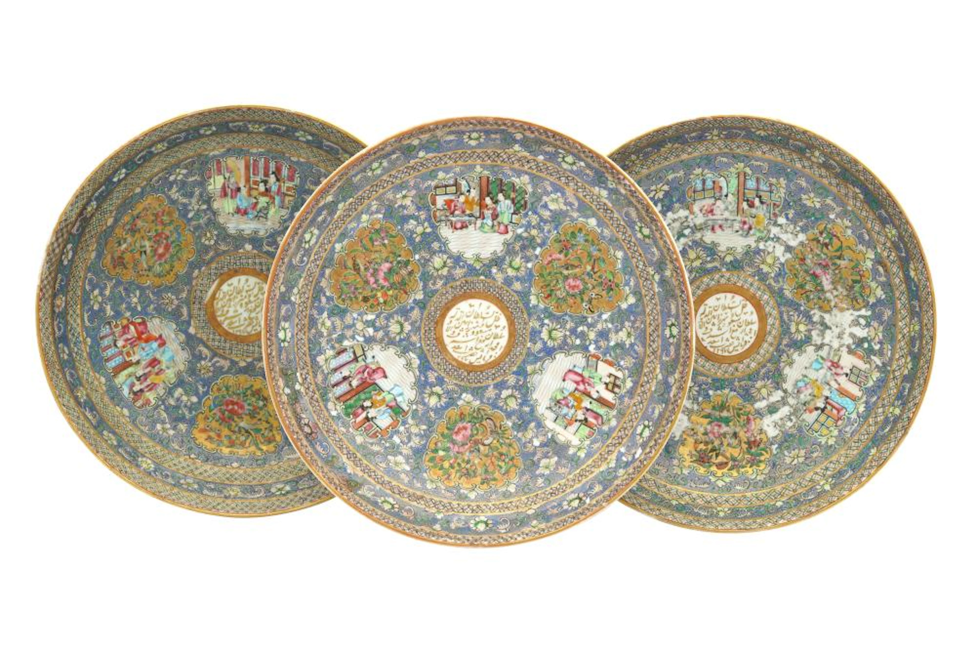 THREE LARGE CANTON 'FAMILLE ROSE' PORCELAIN DISHES FROM...