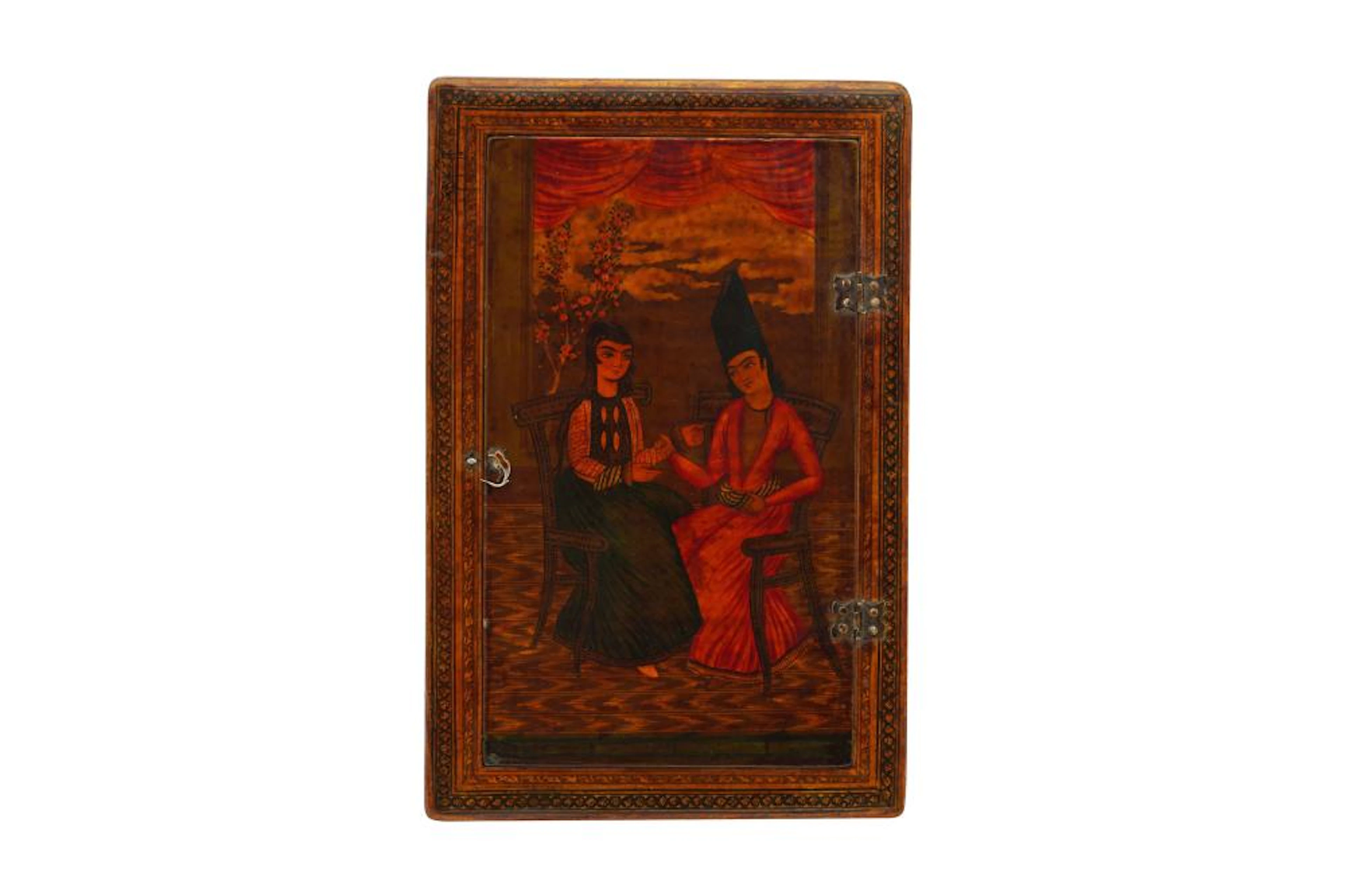 A LACQUERED PAPIER-MÂCHÉ MIRROR CASE WITH QAJAR INTERIOR SCENES Iran
