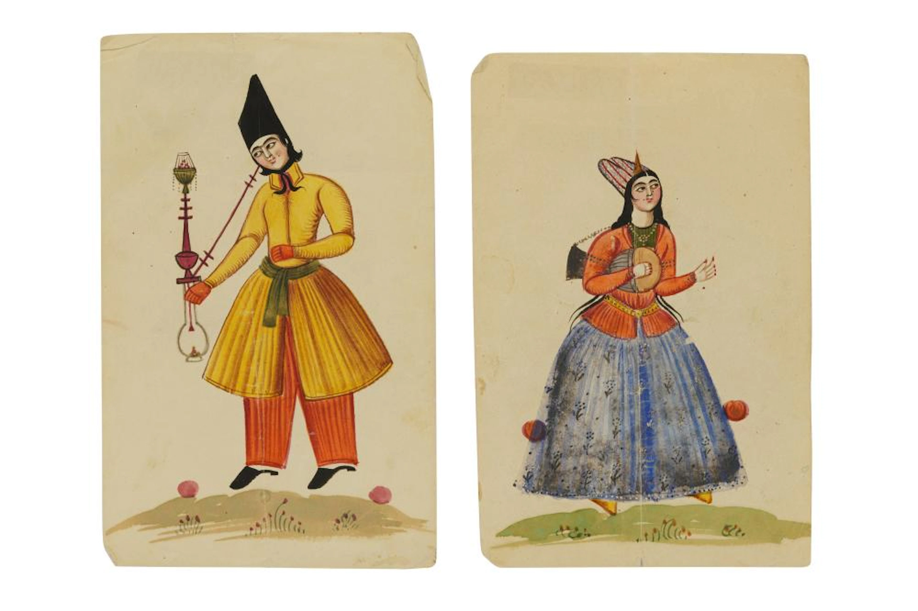 TWO STANDING PORTRAITS OF QAJAR COURTLY FIGURES Qajar Iran, ca. 1880 - 1920
