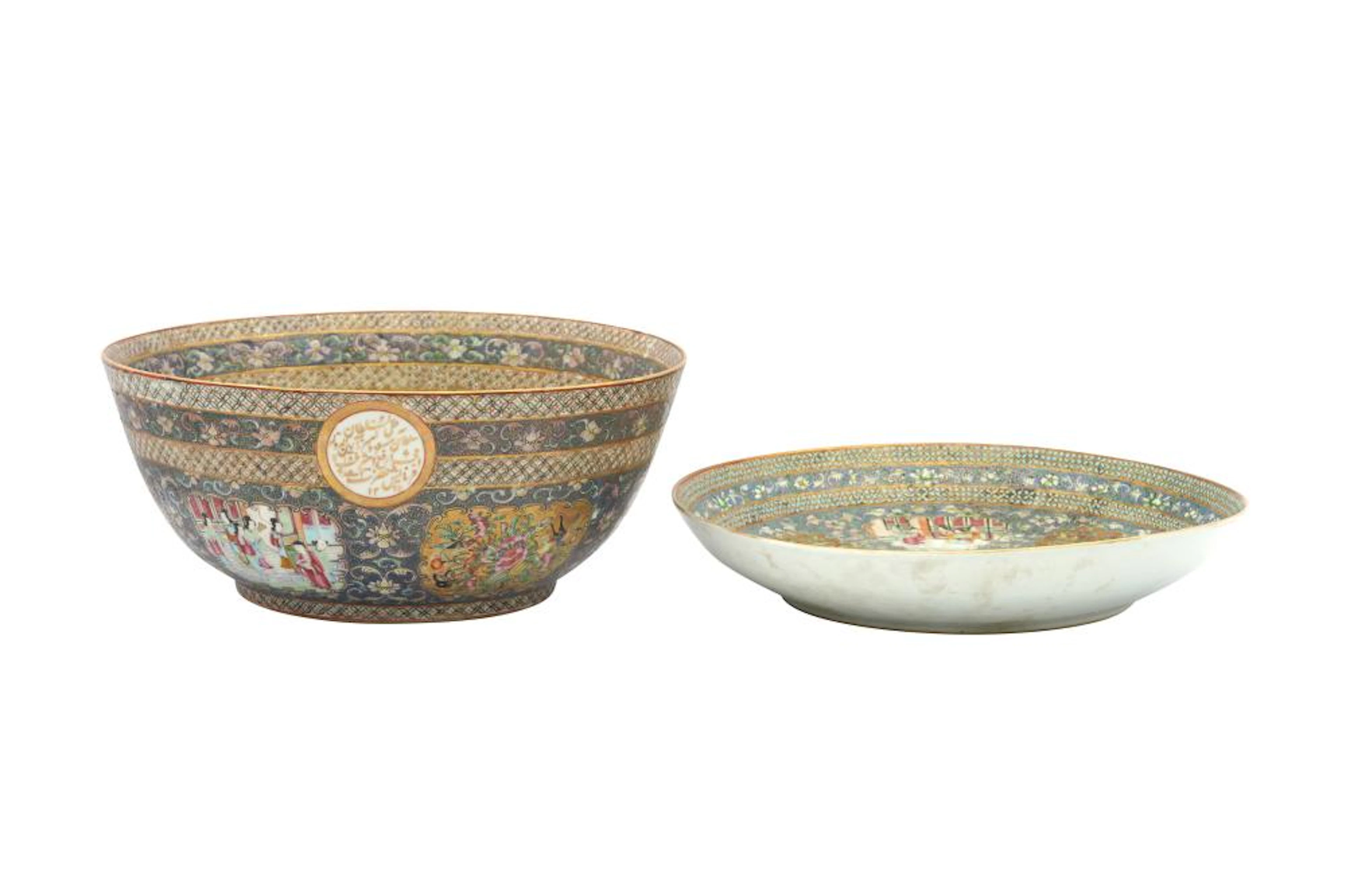 A LARGE CANTON 'FAMILLE ROSE' PORCELAIN BOWL AND DISH...