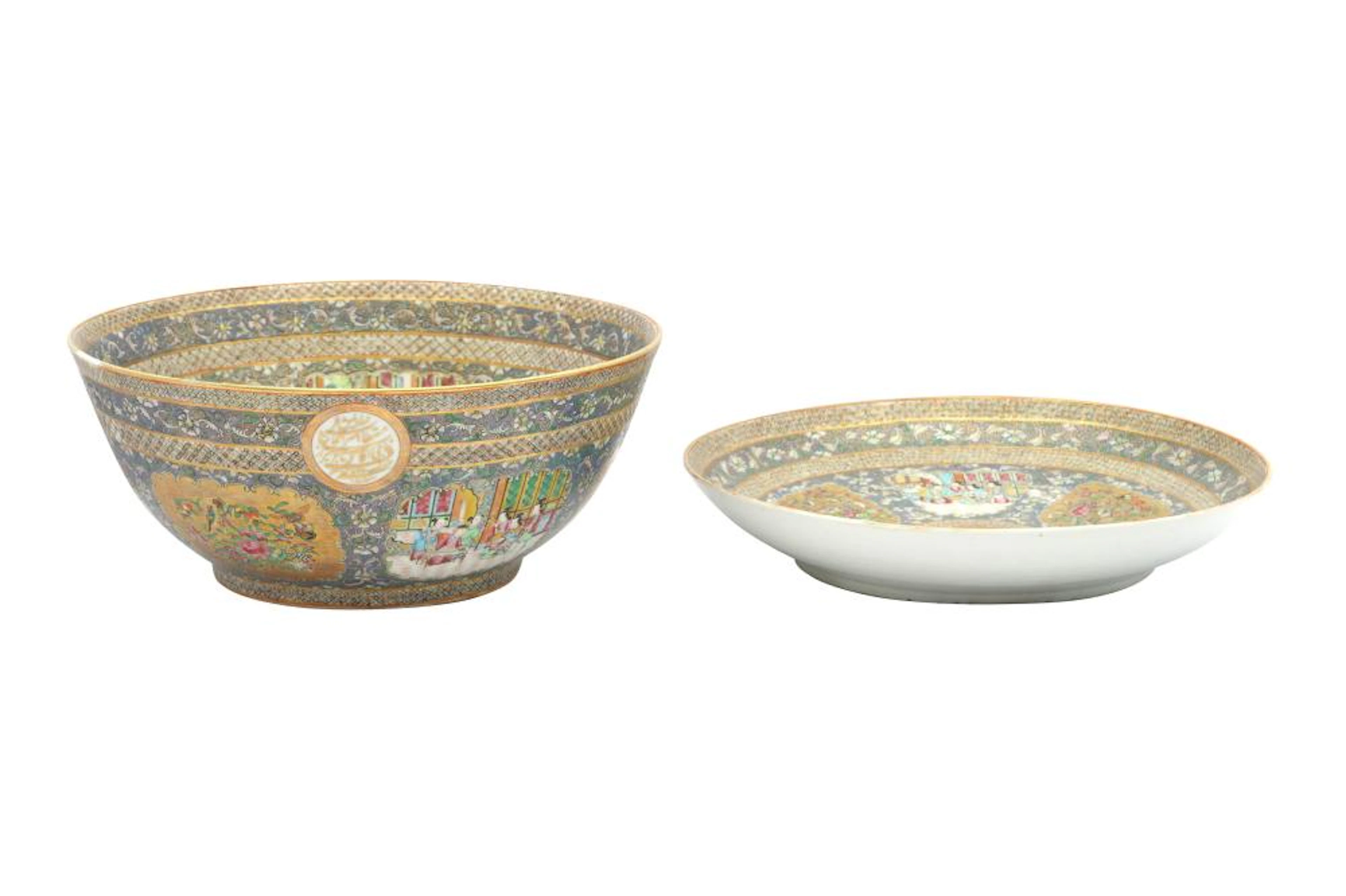 A LARGE CANTON 'FAMILLE ROSE' PORCELAIN BOWL AND DISH...