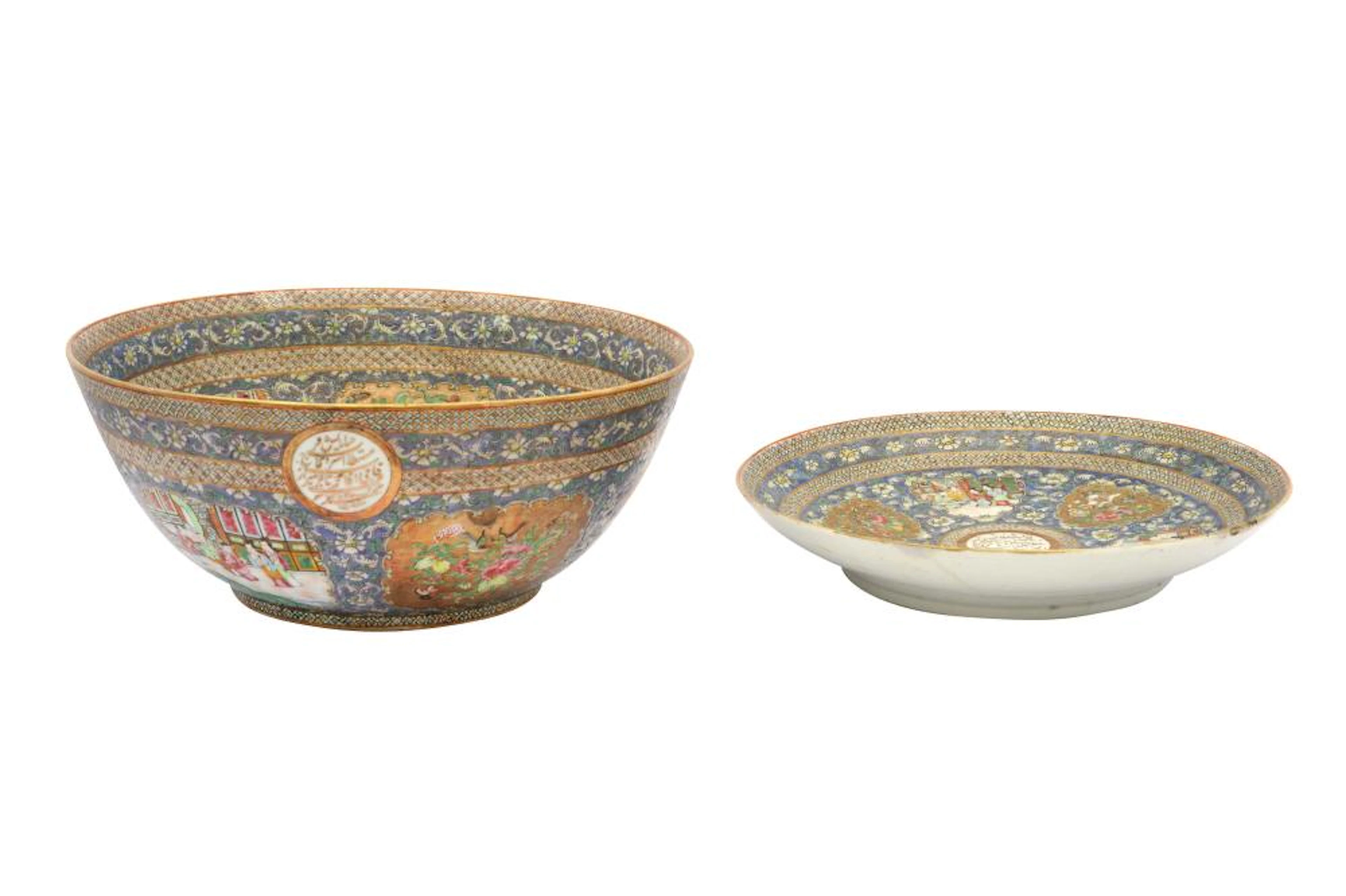 A LARGE CANTON 'FAMILLE ROSE' PORCELAIN BOWL AND DISH...