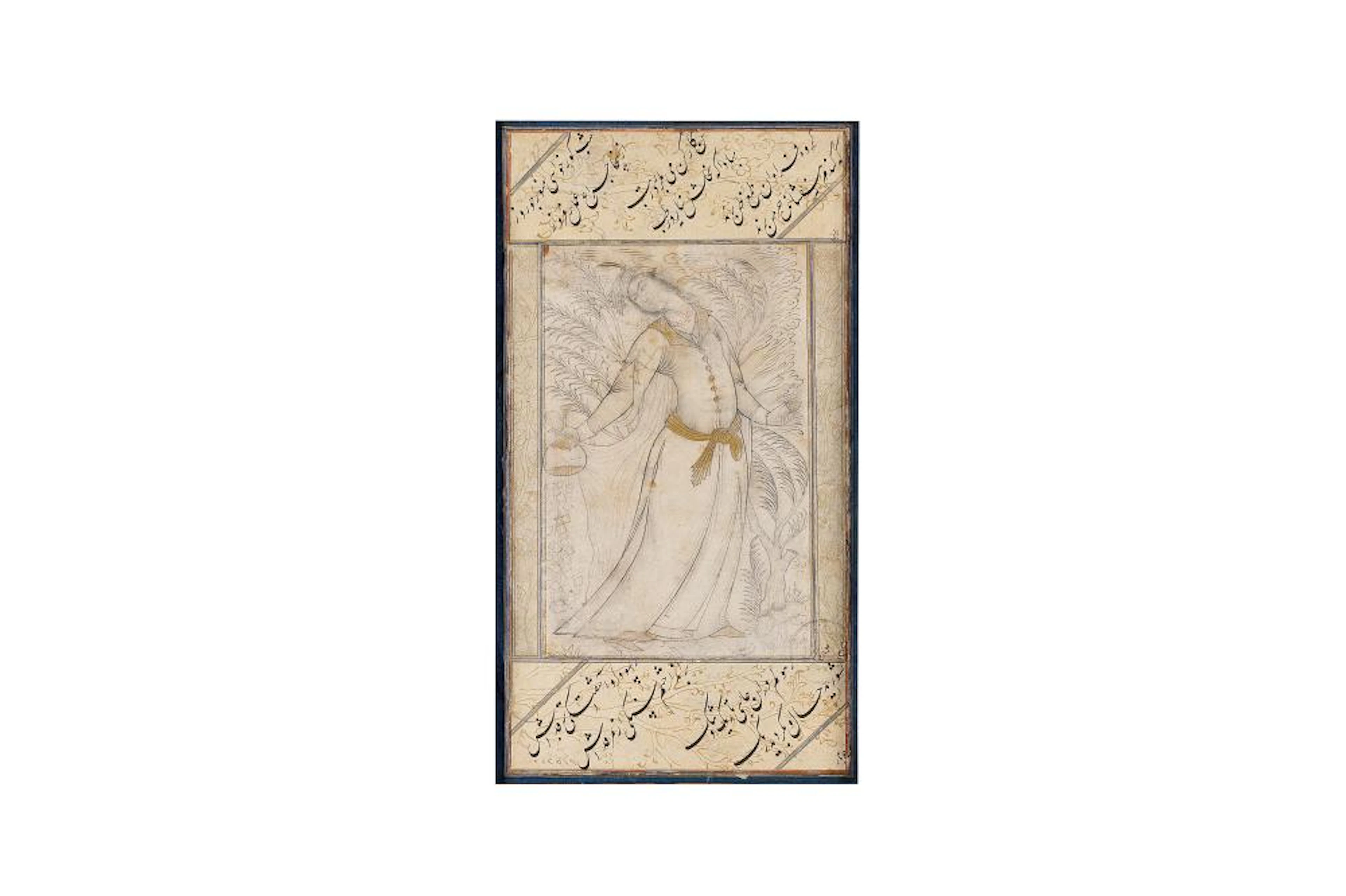 A MURAQQA? ALBUM PAGE WITH A PORTRAIT OF A STANDING LADY Isfahan school