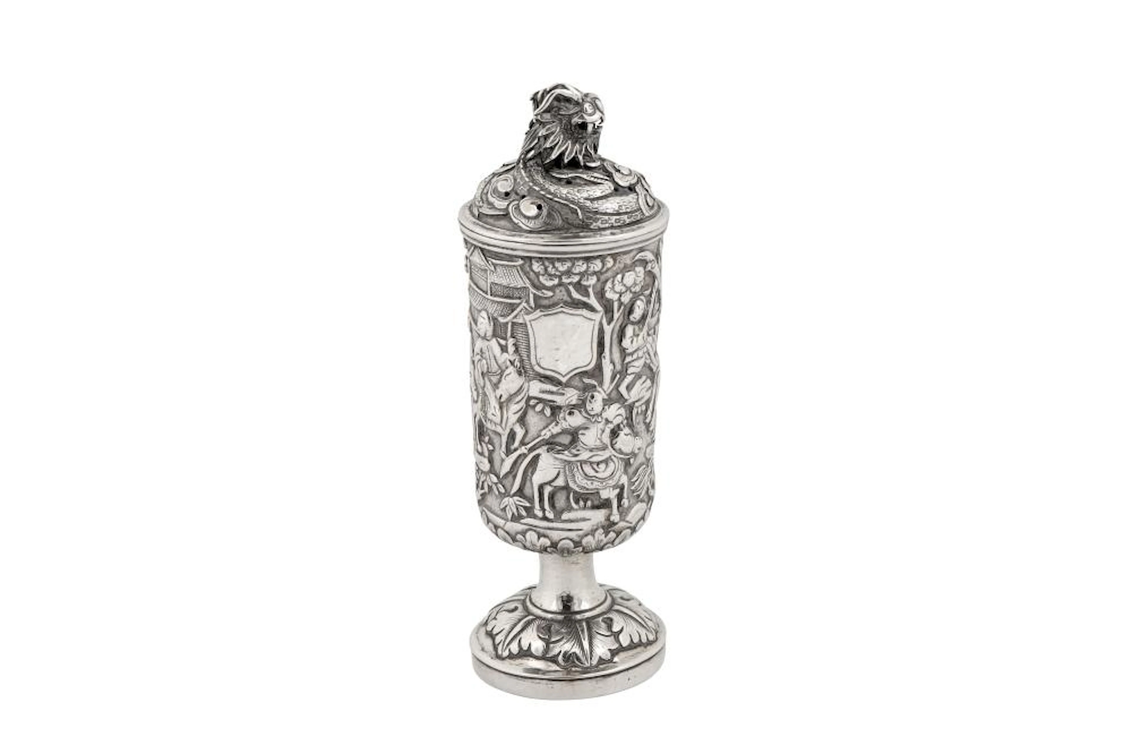 A late 19th century Chinese export silver pepper caster