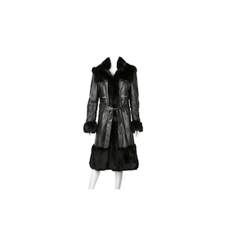Roberto Cavalli Black Leather Fur Trim Coat - Size 44
