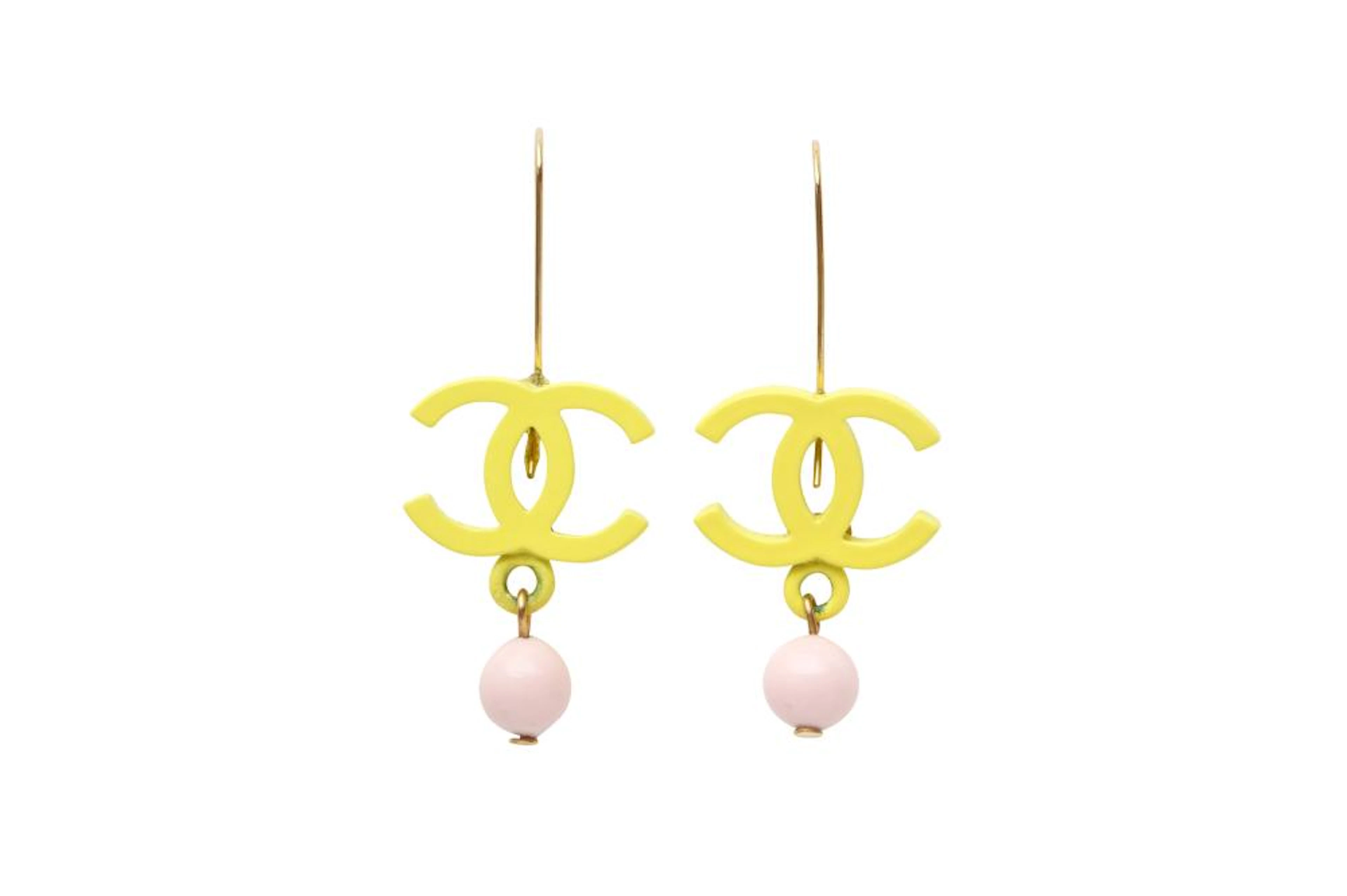 Chanel Yellow CC Drop Pierced Earrings