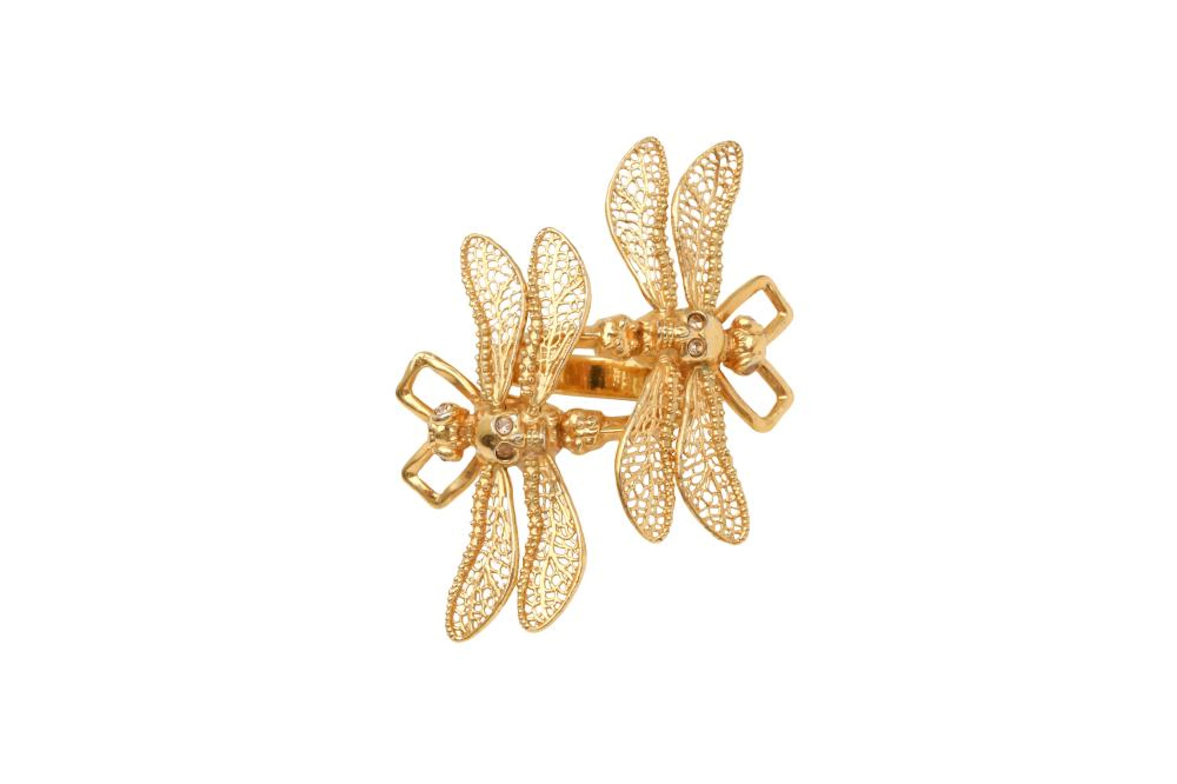 Alexander McQueen Twin Skull Dragonfly Filigree Ring - Size K