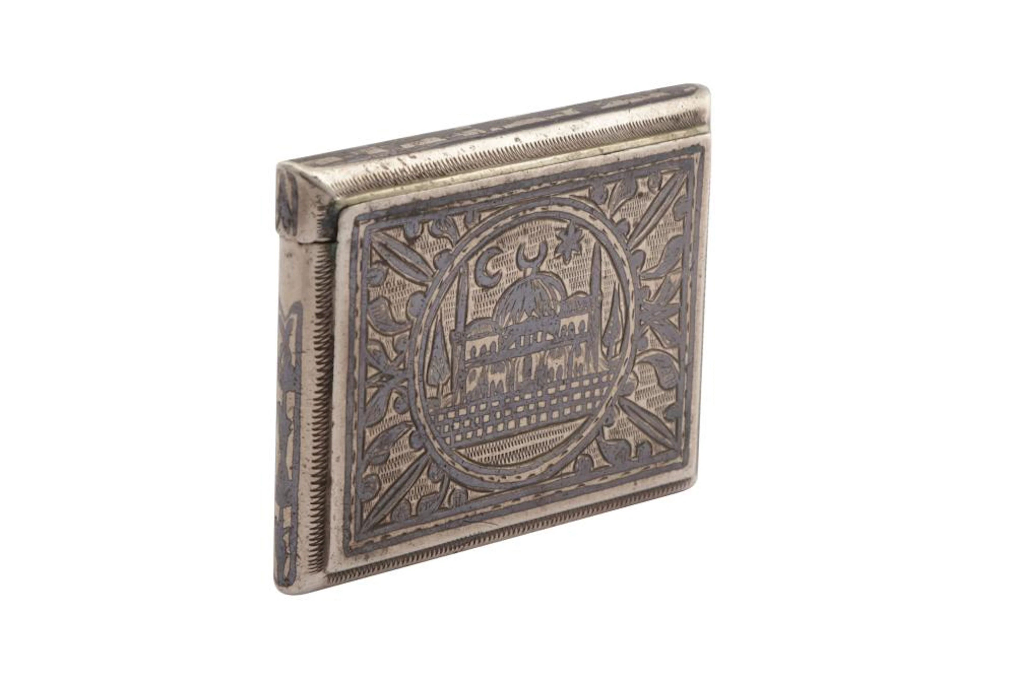 A late 19th century unmarked silver and niello Quran box / case (Ta'wiz/Muska)