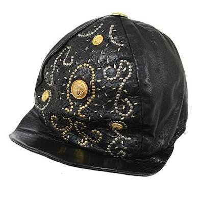 GIANNI VERSACE Medusa Cap Hat Black Gold Leather Italy #S | Barnebys