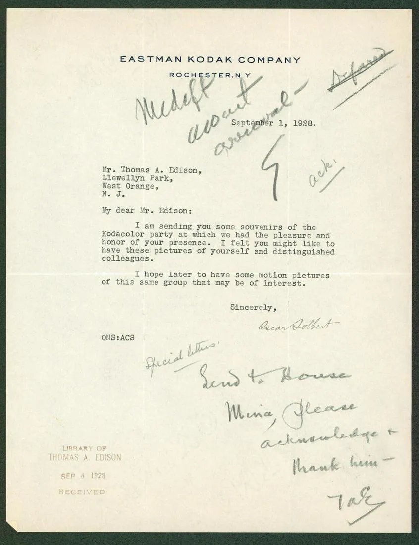 Thomas Edison Signed 8.5x11 Letter On Eastman Kodak Co. Letterhead BAS ...