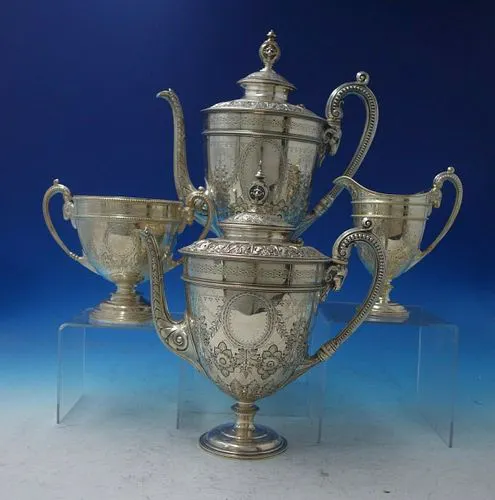 JD and S Silverplate Tea Set 4pc Acanthus Leaves Ram Handles Lion ...